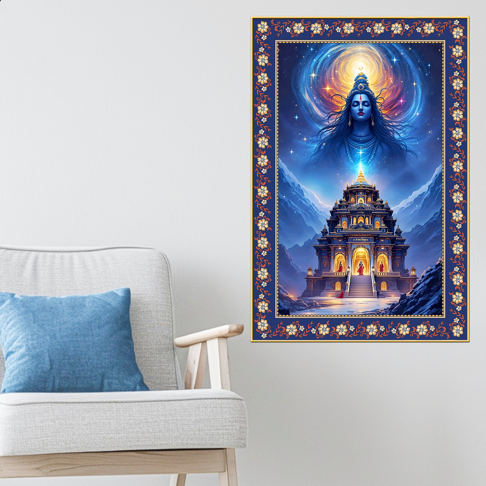 Mystical Himalayan Mandir with Shiva Floral Border Vertical Wall Painting