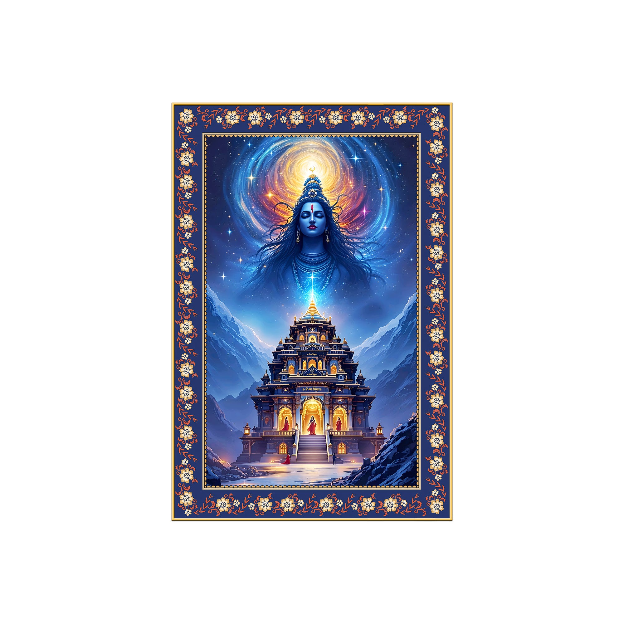 Mystical Himalayan Mandir with Shiva Floral Border Vertical Wall Painting
