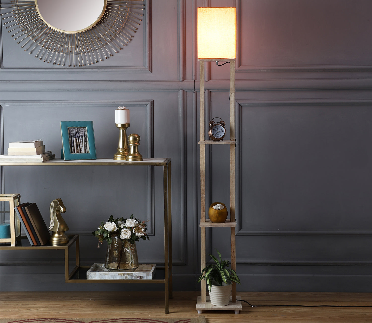 Orange Color Cotton Shade 3 Tier Shelf Storage Solid Wooden Floor Lamp