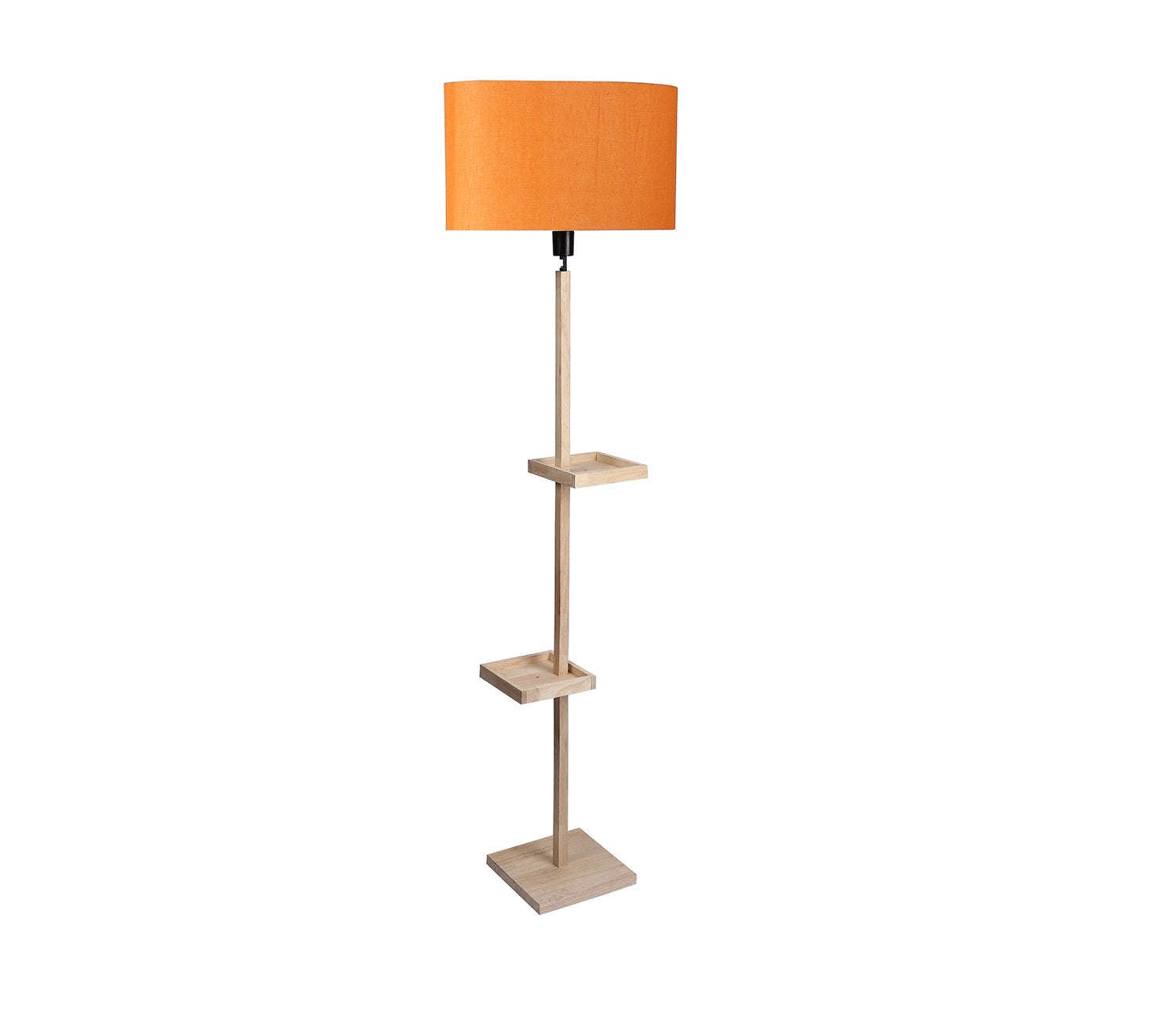 Orange Fabric Double Shelf Floor Lamp with Natural Solid Wood Color Base