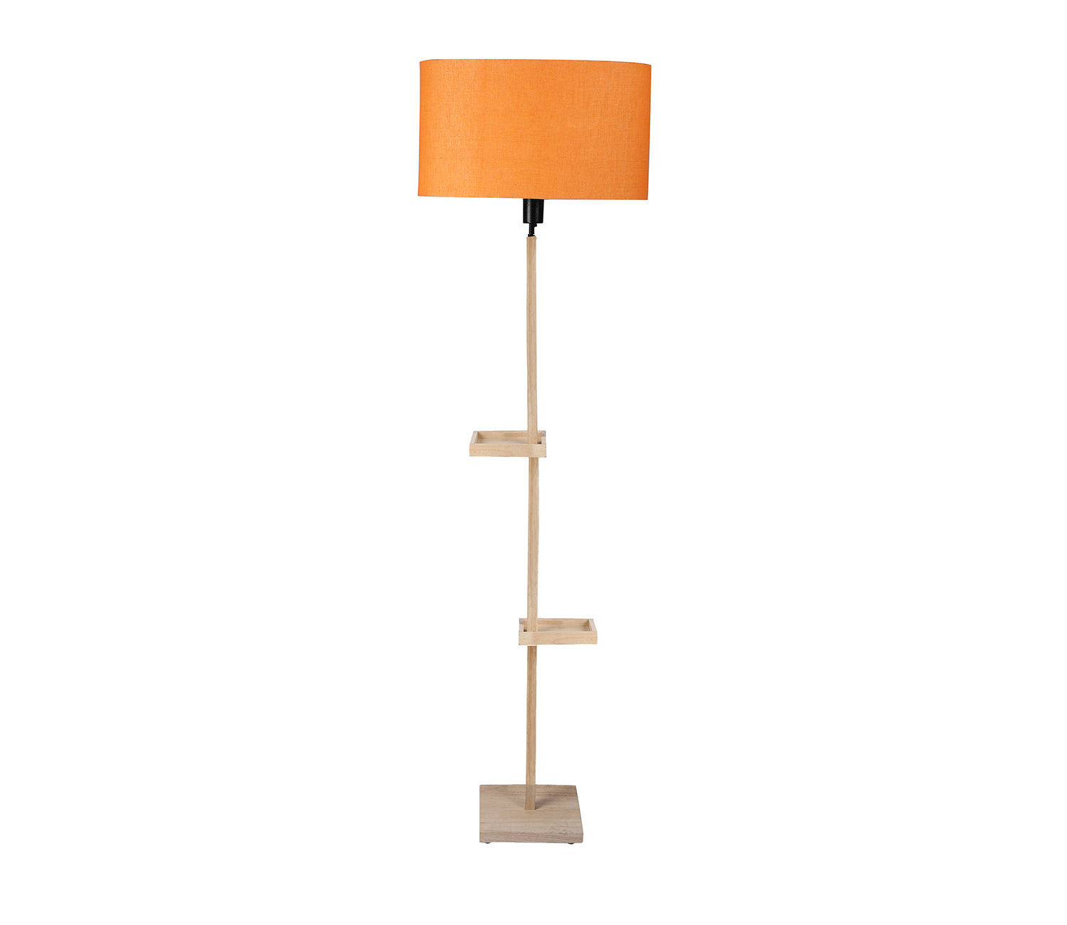 Orange Fabric Double Shelf Floor Lamp with Natural Solid Wood Color Base