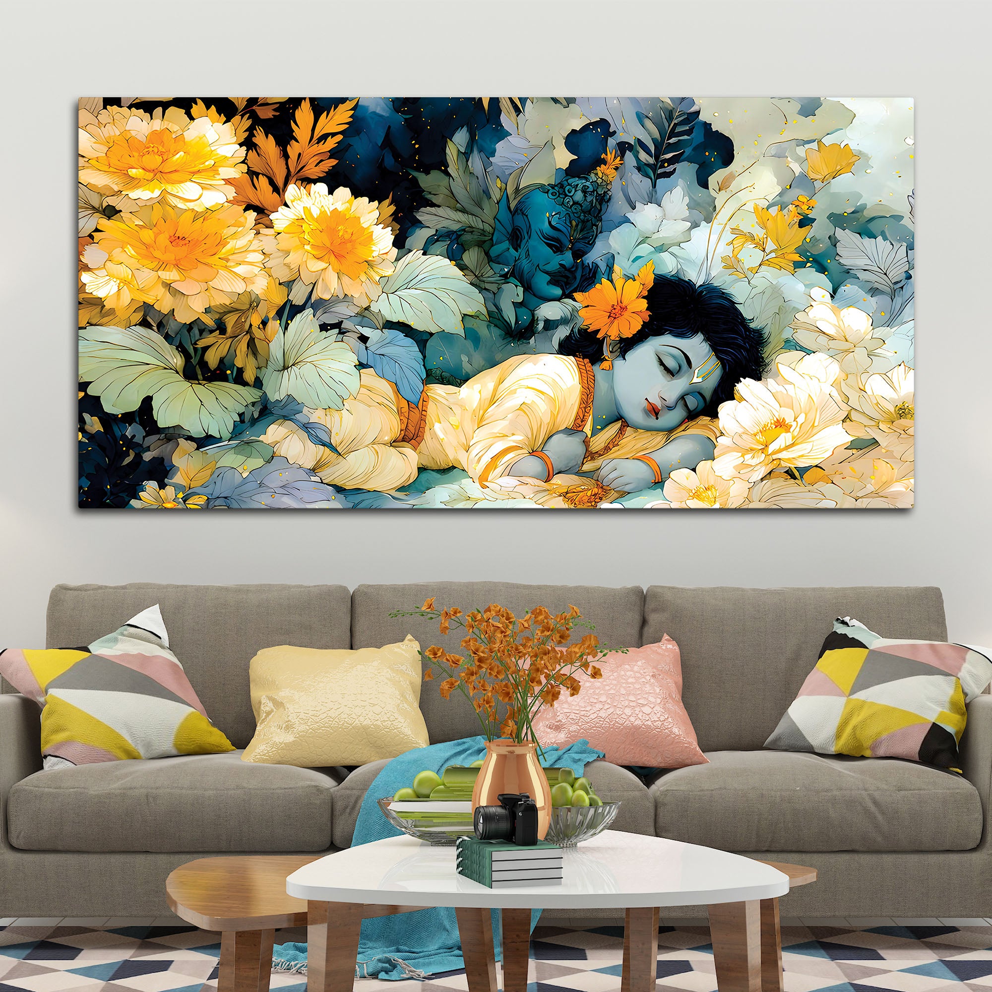 Peaceful Baby Krishna Sleeping Painting with Floral Theme