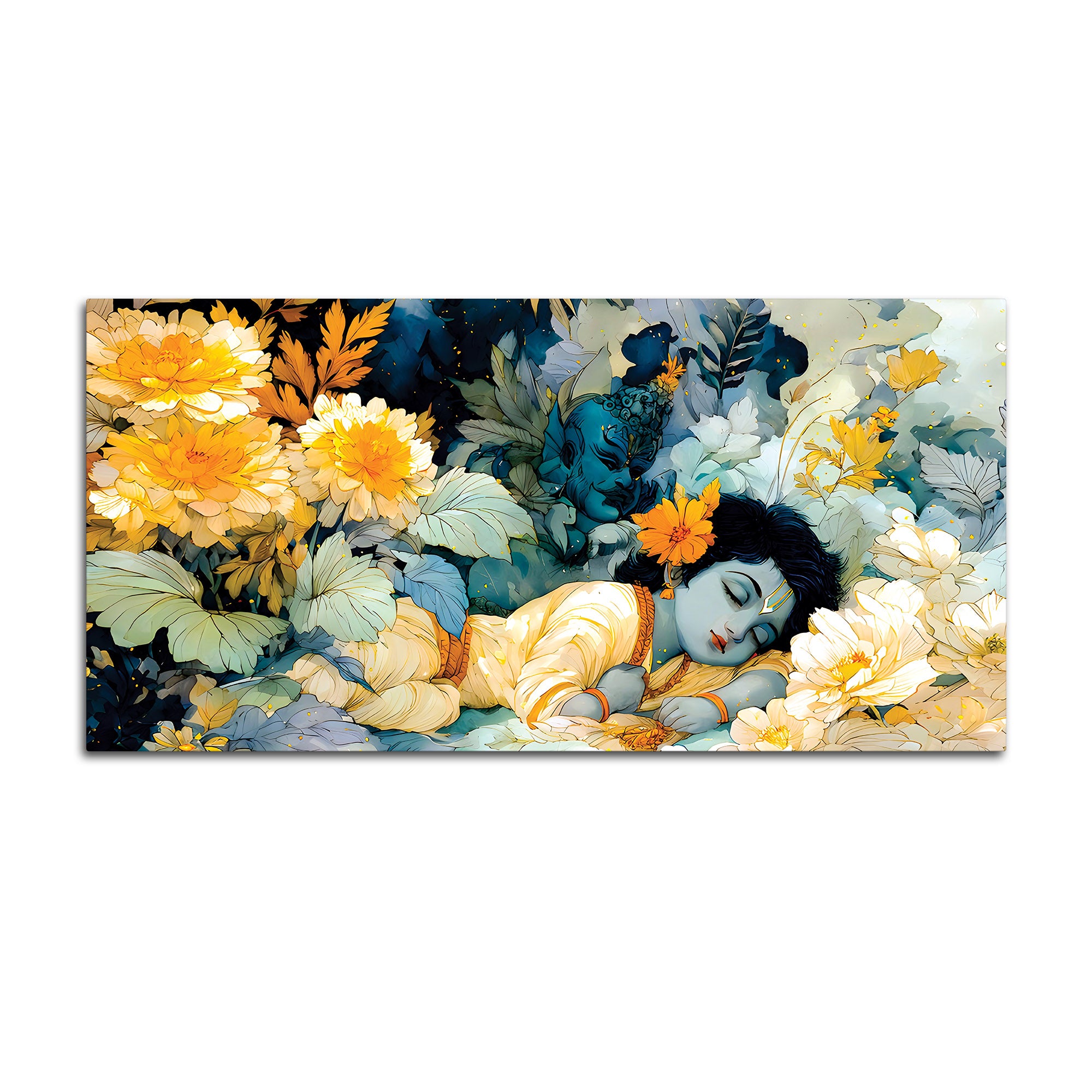 Peaceful Baby Krishna Sleeping Painting with Floral Theme