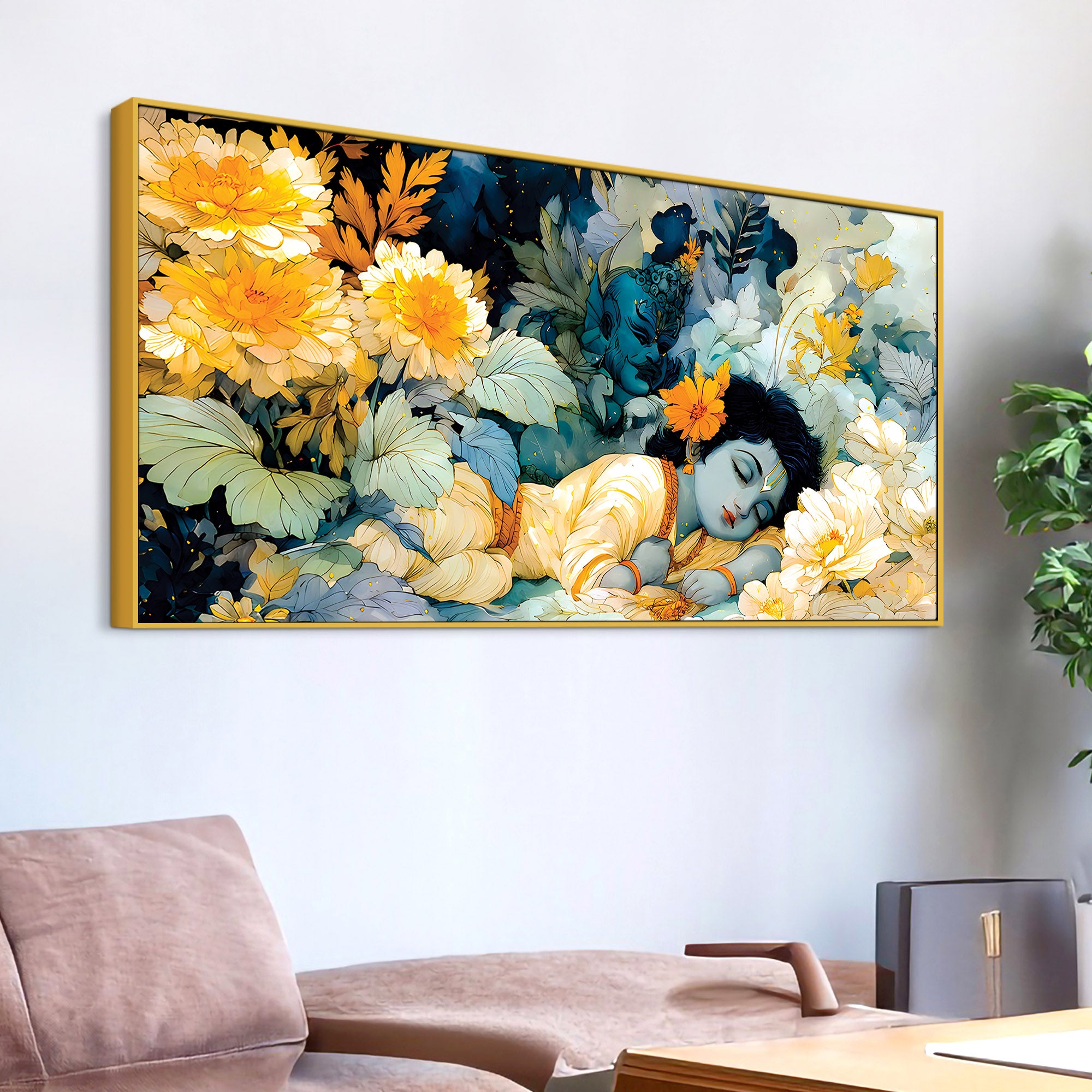 Peaceful Baby Krishna Sleeping Painting with Floral Theme