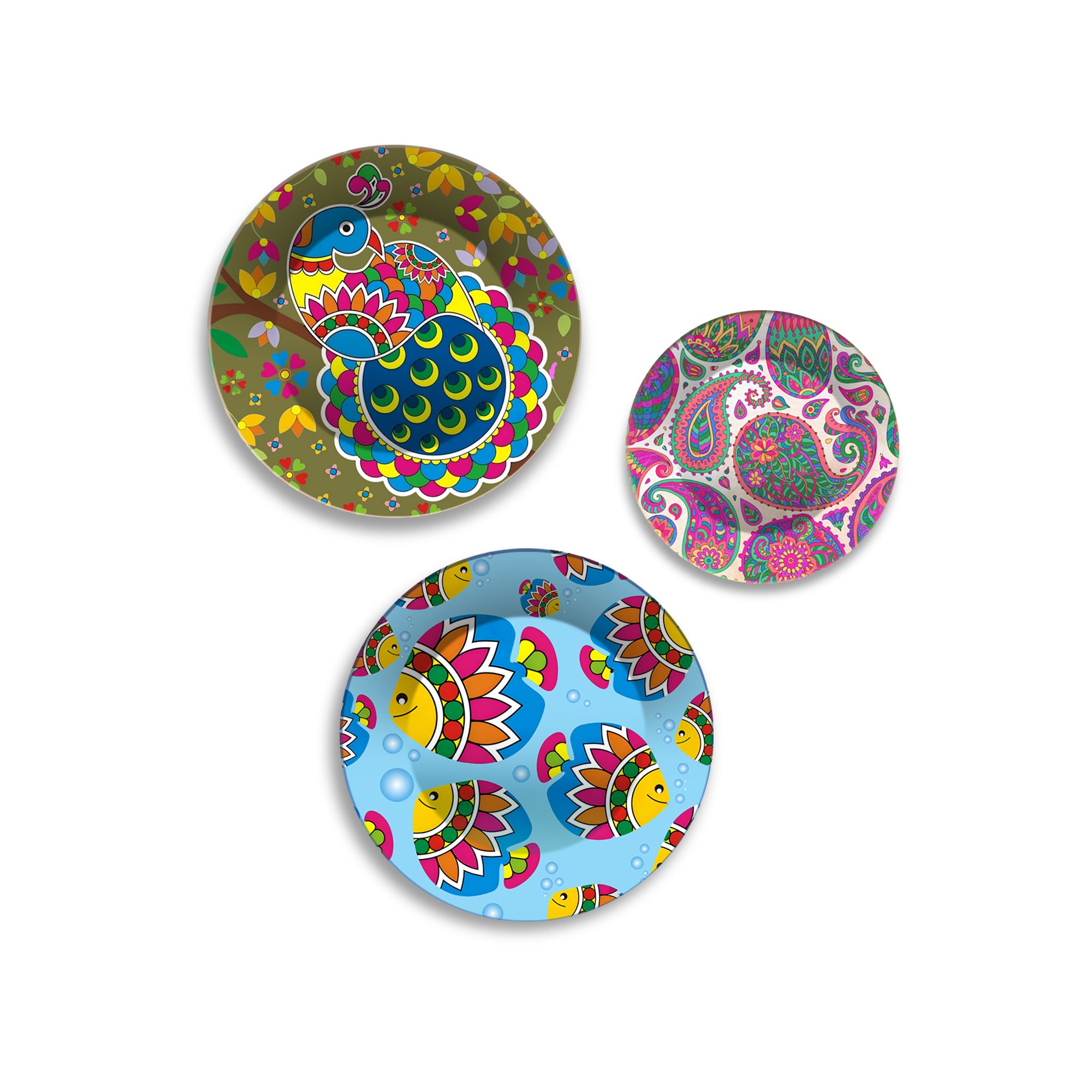 Peacock Fish & Paisley Folk Fiesta Premium Wall Plates Painting Set of 3
