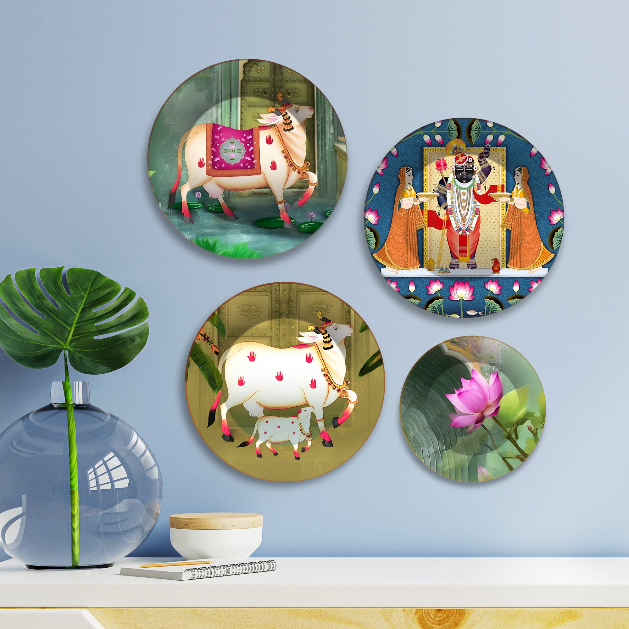 Pichwai Divine Cow & Krishna Premium Wall Plates Painting Set of Four