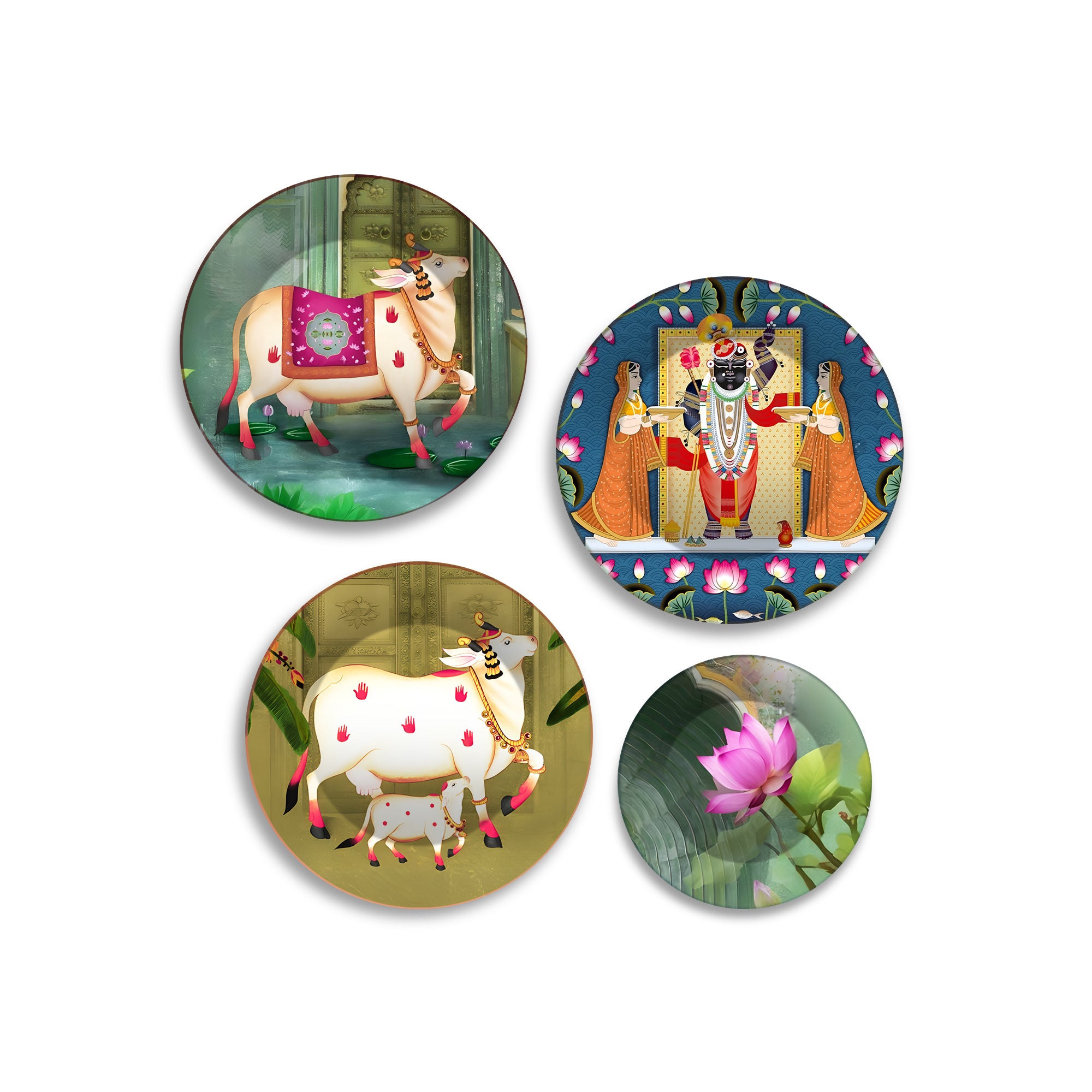 Pichwai Divine Cow & Krishna Premium Wall Plates Painting Set of Four