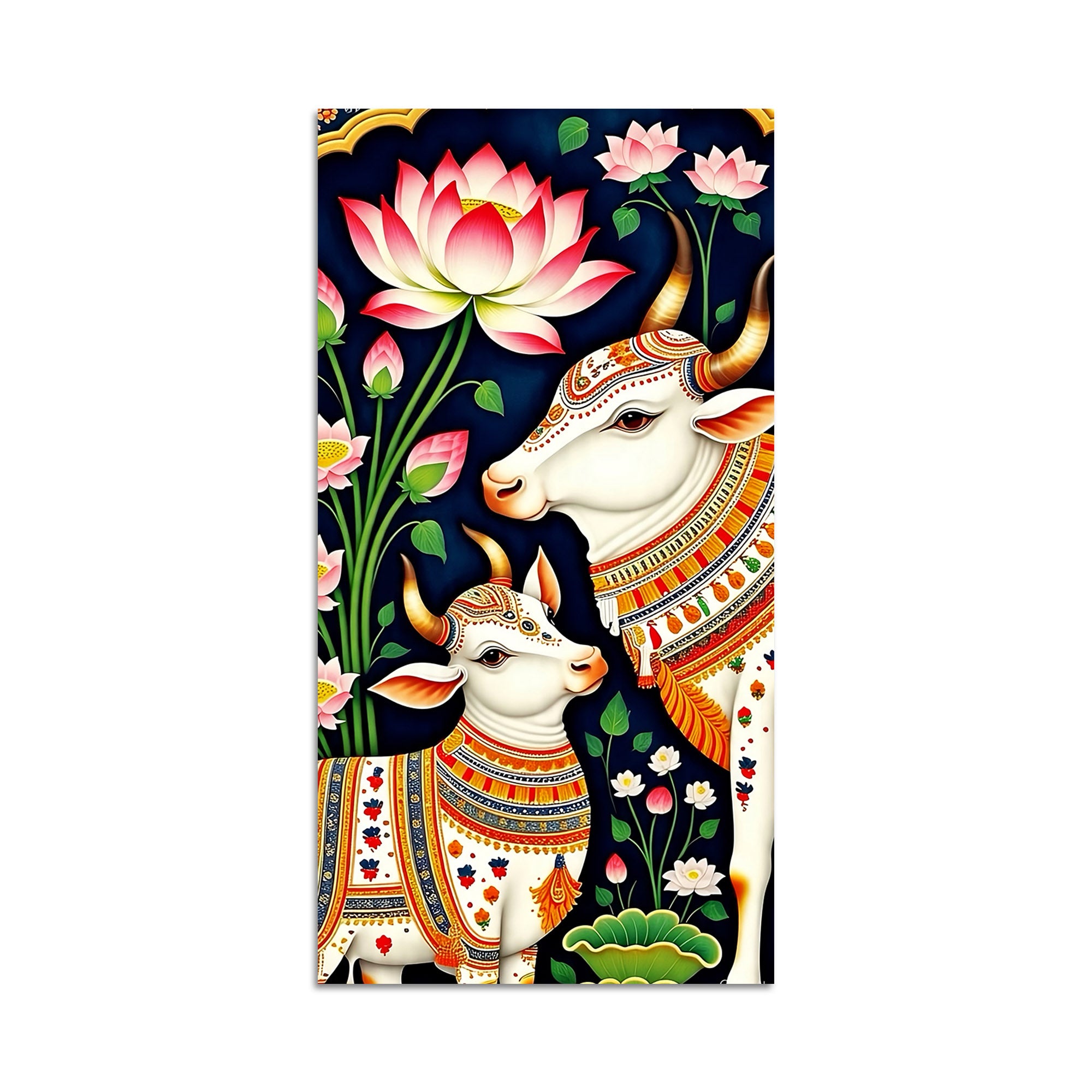 Pichwai Gau Mata Cow & Calf Canvas Wall Painting | Traditional Indian Cow Painting for Home
