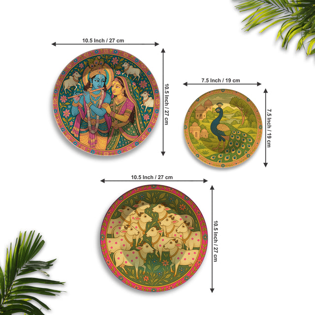 Pichwai Krishna Peacock & Cows Premium Wall Plates Painting Set of 3