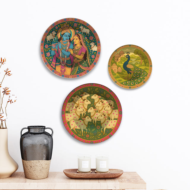 Pichwai Krishna Peacock & Cows Premium Wall Plates Painting Set of 3