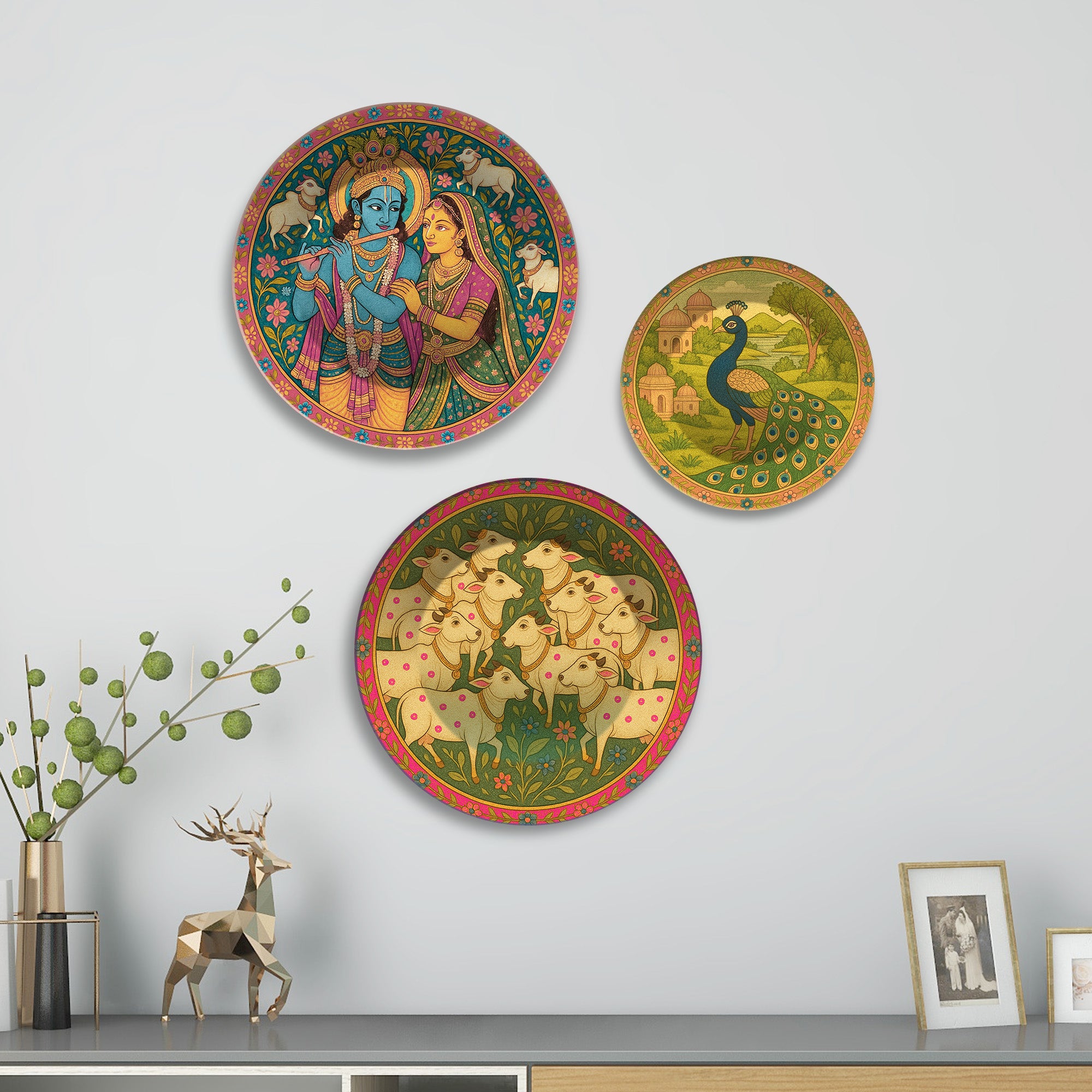 Pichwai Krishna Peacock & Cows Premium Wall Plates Painting Set of 3