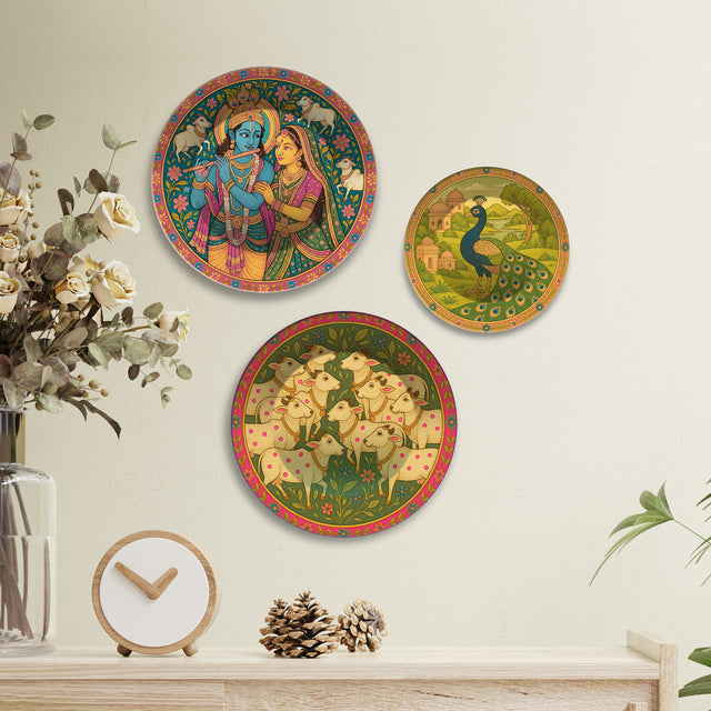 Pichwai Krishna Peacock & Cows Premium Wall Plates Painting Set of 3