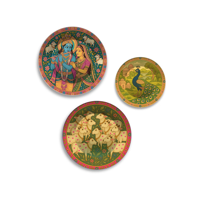 Pichwai Krishna Peacock & Cows Premium Wall Plates Painting Set of 3