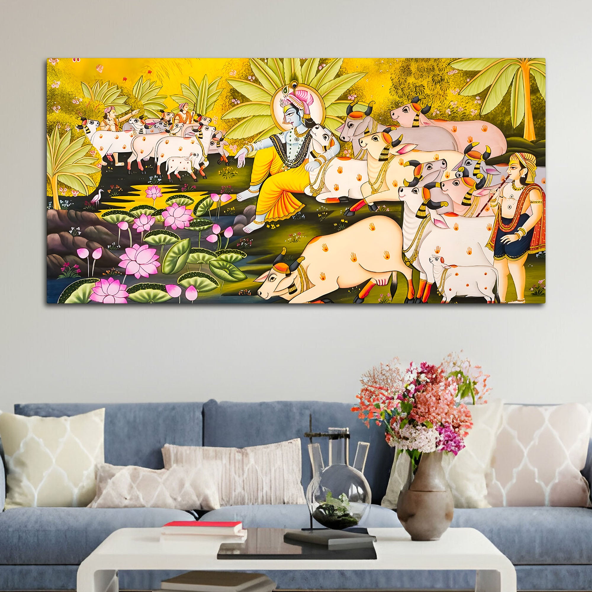 Pichwai Krishna with Sacred Cows Canvas Painting | Traditional Indian Wall Art