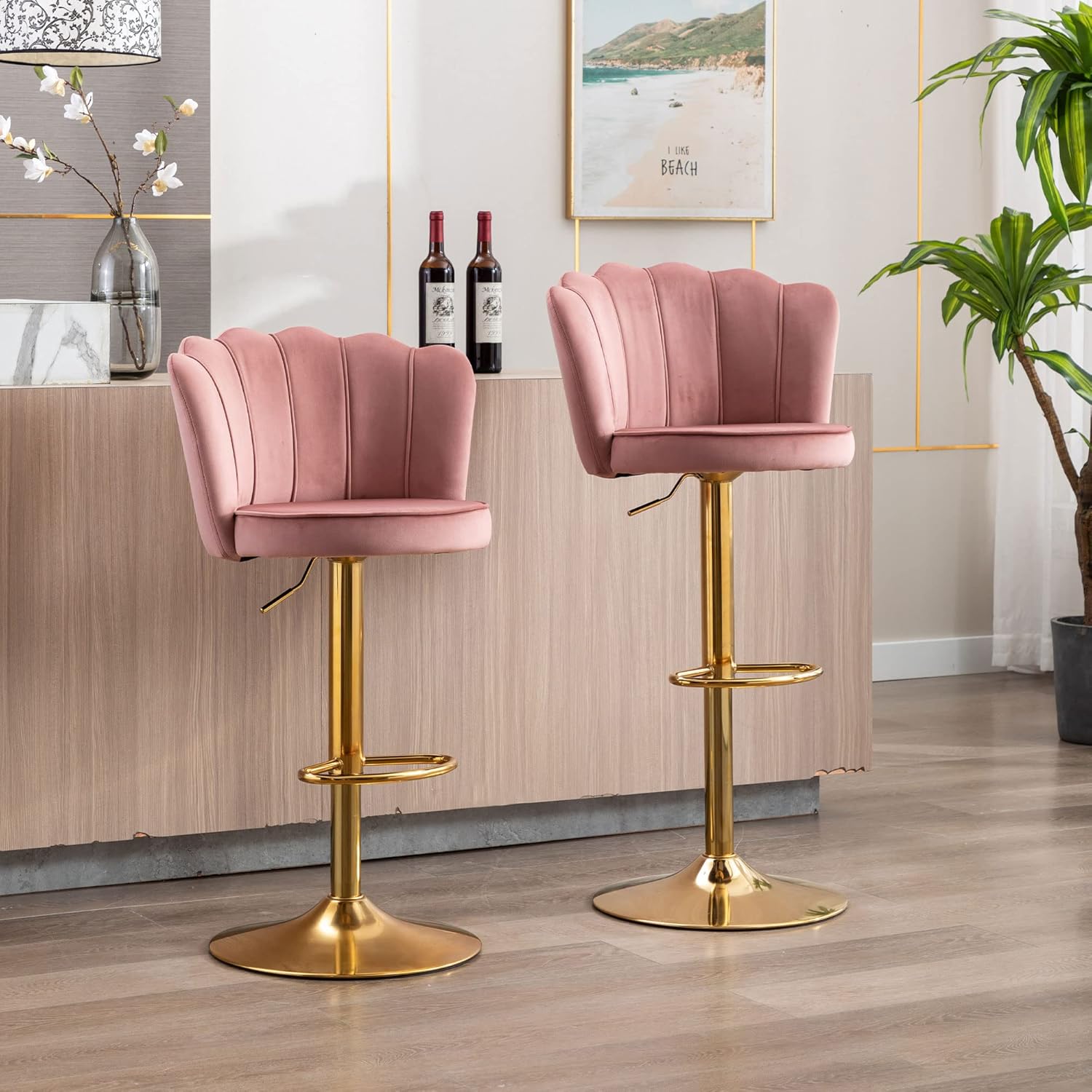 Pink Velvet Lounge Bar Stools with Glamorous Golden Frame