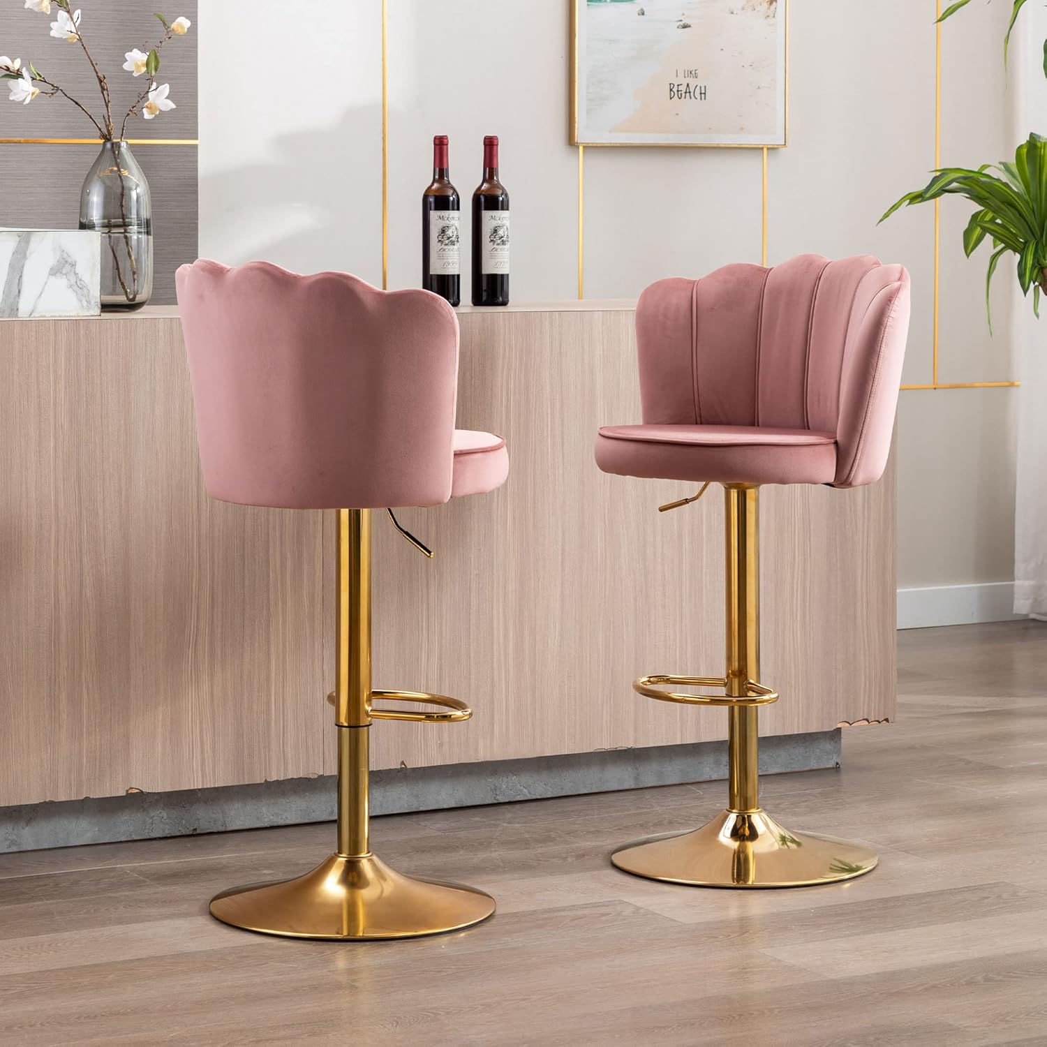 Pink Velvet Lounge Bar Stools with Glamorous Golden Frame