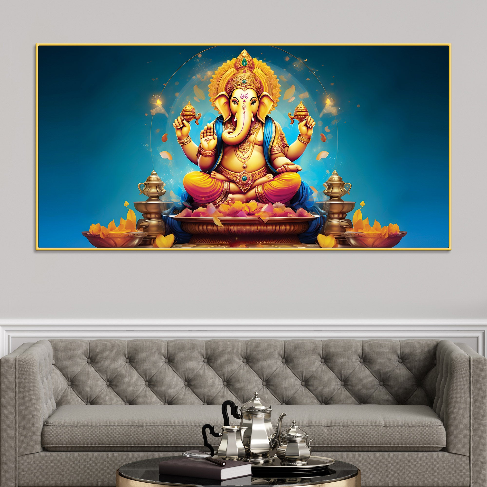 Pleasing Lord Ganpati Bappa Spiritual Canvas Wall Painting for Home & Temple – Premium Devotional Wall Art
