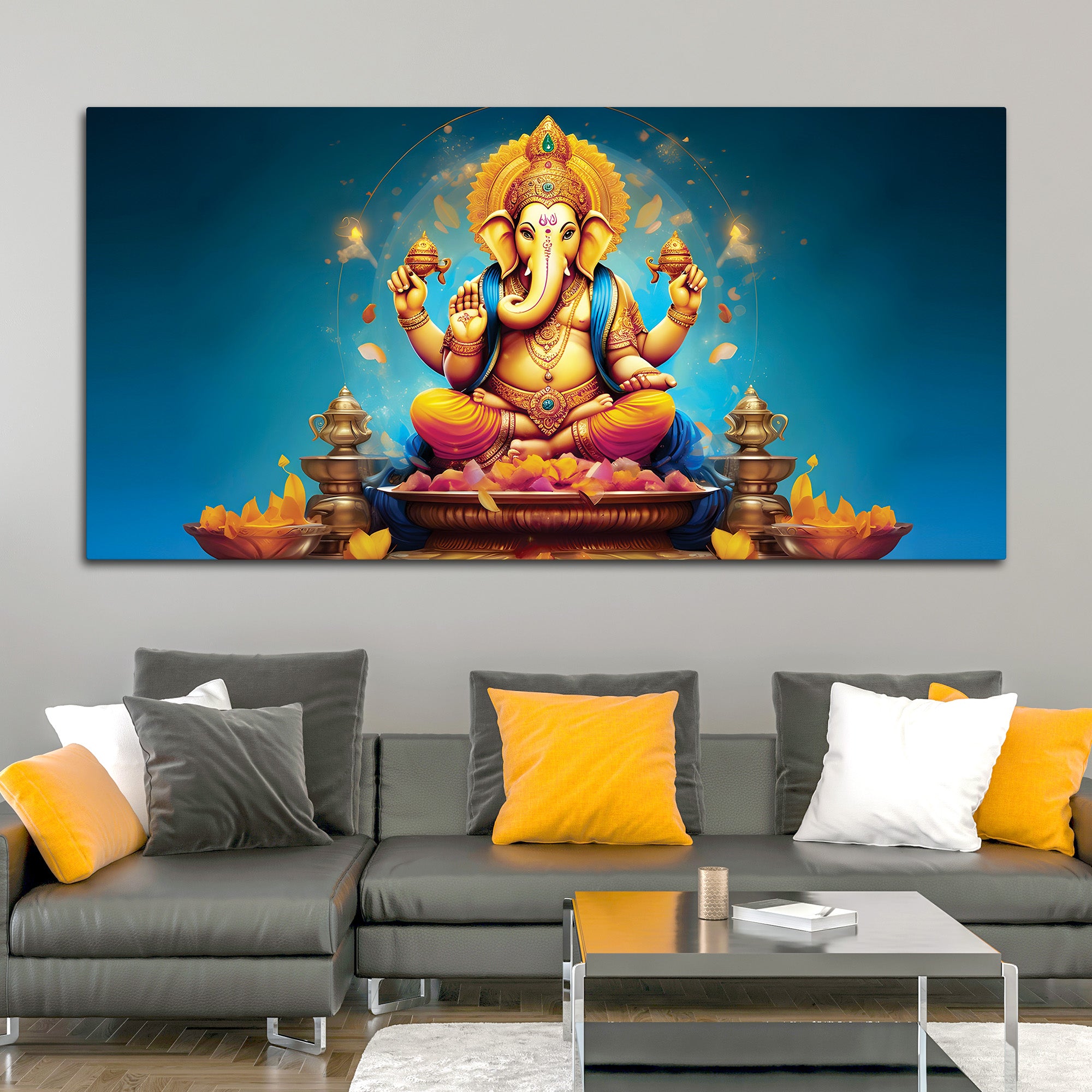Pleasing Lord Ganpati Bappa Spiritual Canvas Wall Painting for Home & Temple – Premium Devotional Wall Art