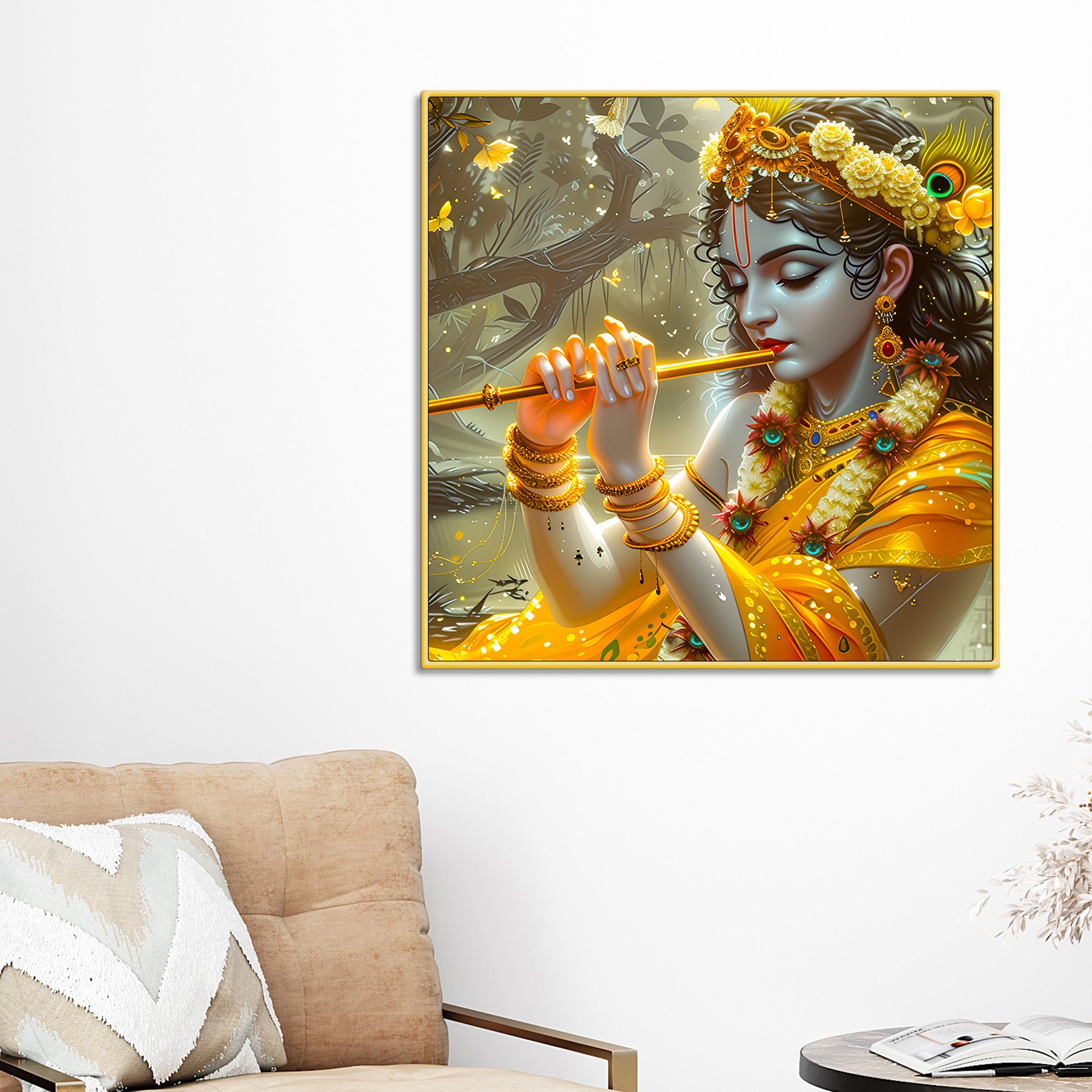 Pleasing Lord Shri Krishna Playing Flute Canvas Wall Painting for Home Temple & Office – Modern Spiritual Wall Decor