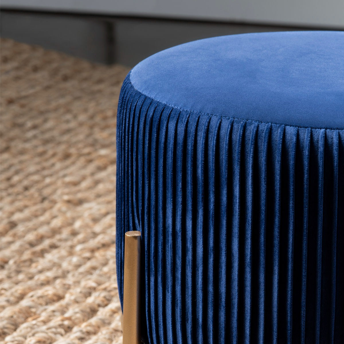 Plush Blue Velvet Stool with Stylish Gold Legs