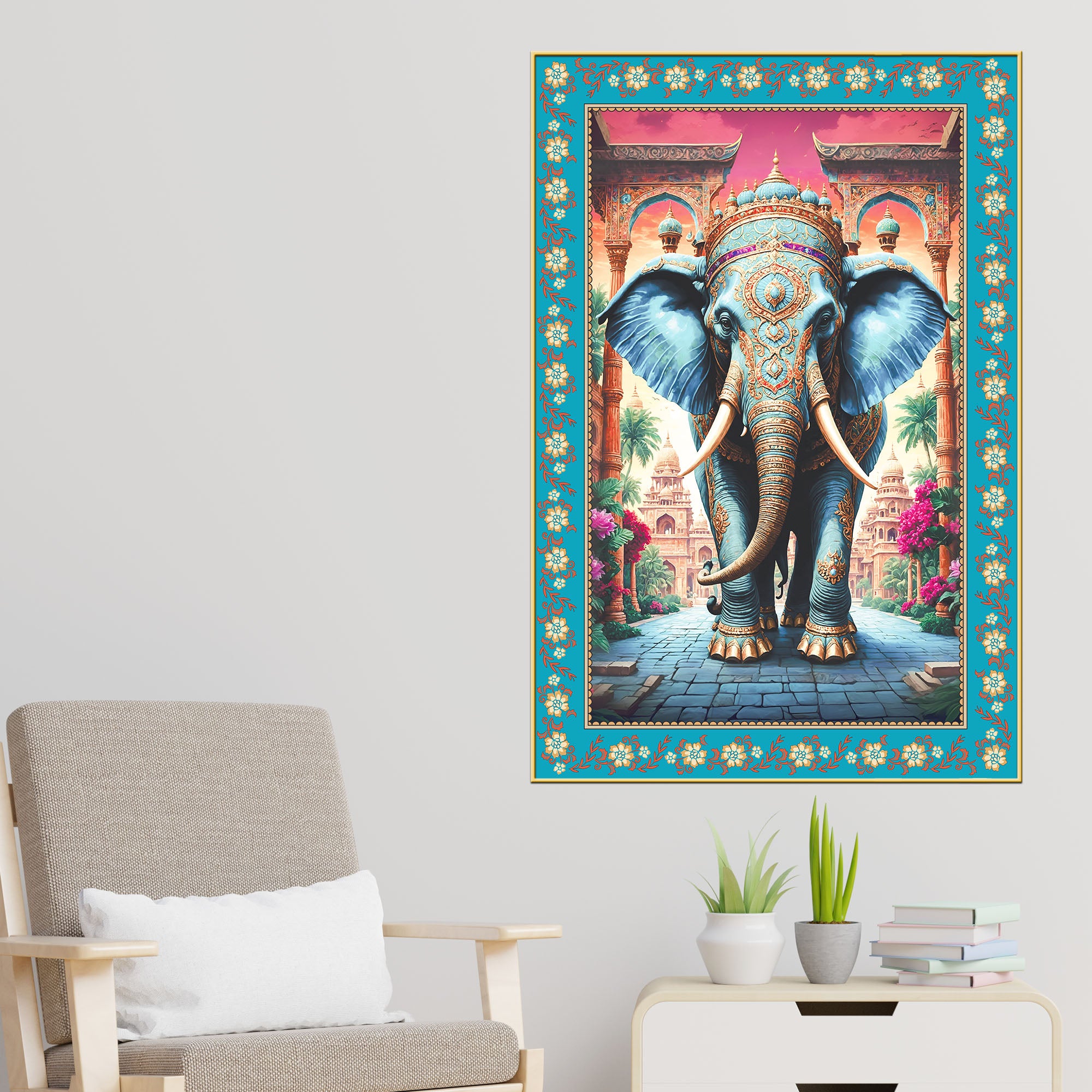 Powerful Gajanan Floral Border Vertical Canvas Wall Painting