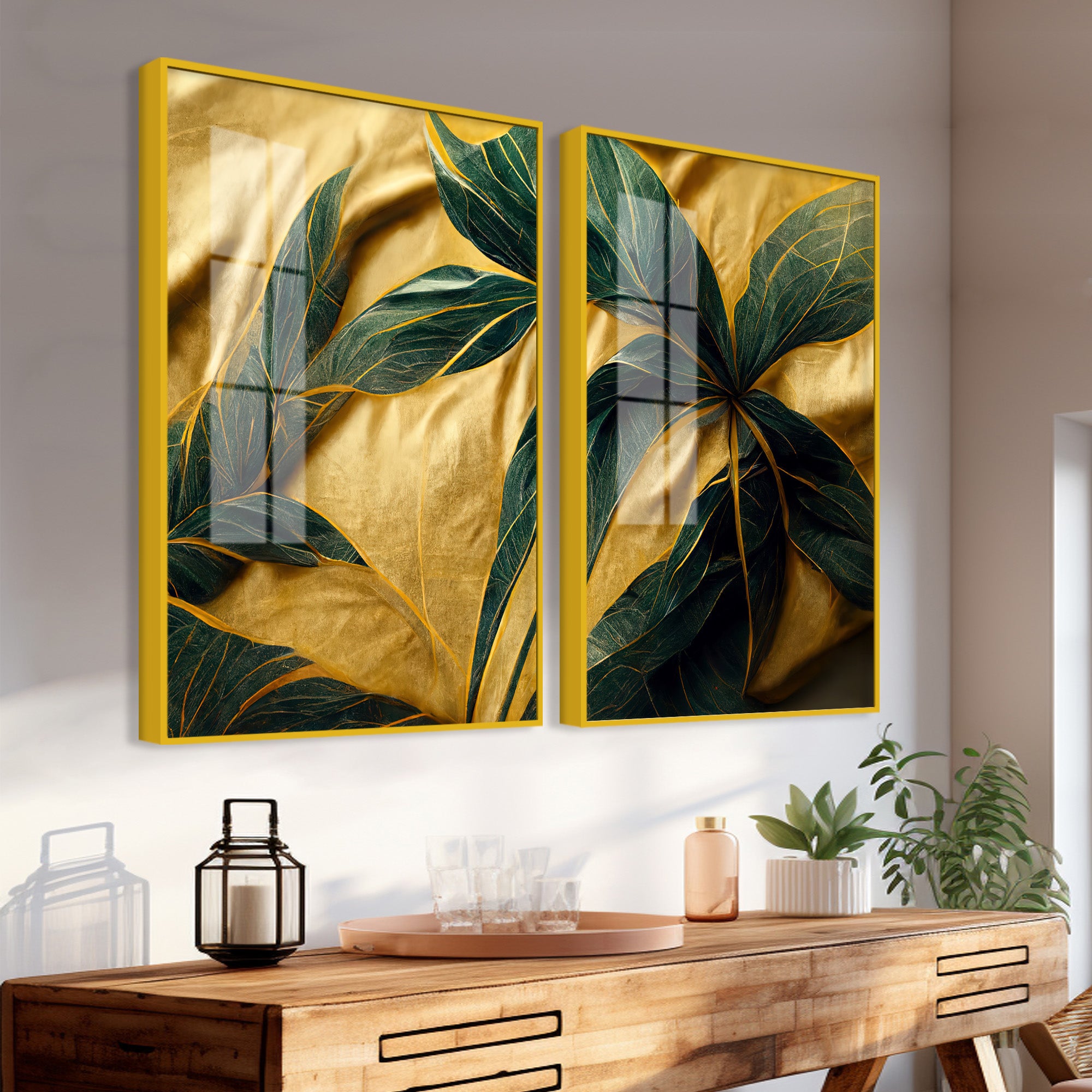 Premium Art of Leaves Acrylic Art Floating Wall Painting Set Of 2