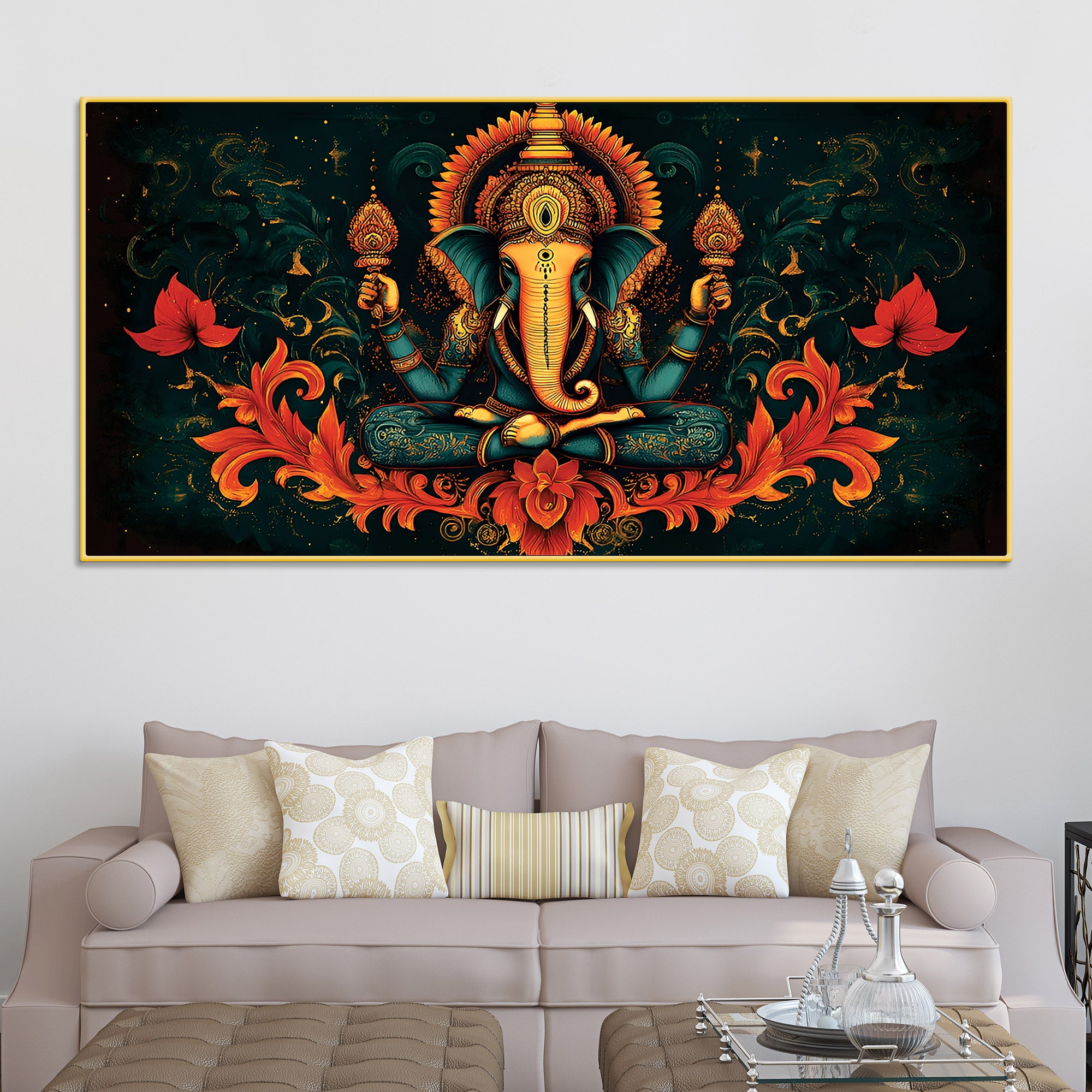 Premium Artistic Lord Ganesha Floral Exclusive Art Canvas Wall Painting for Home & Office Spaces – Modern Religious Wall Art