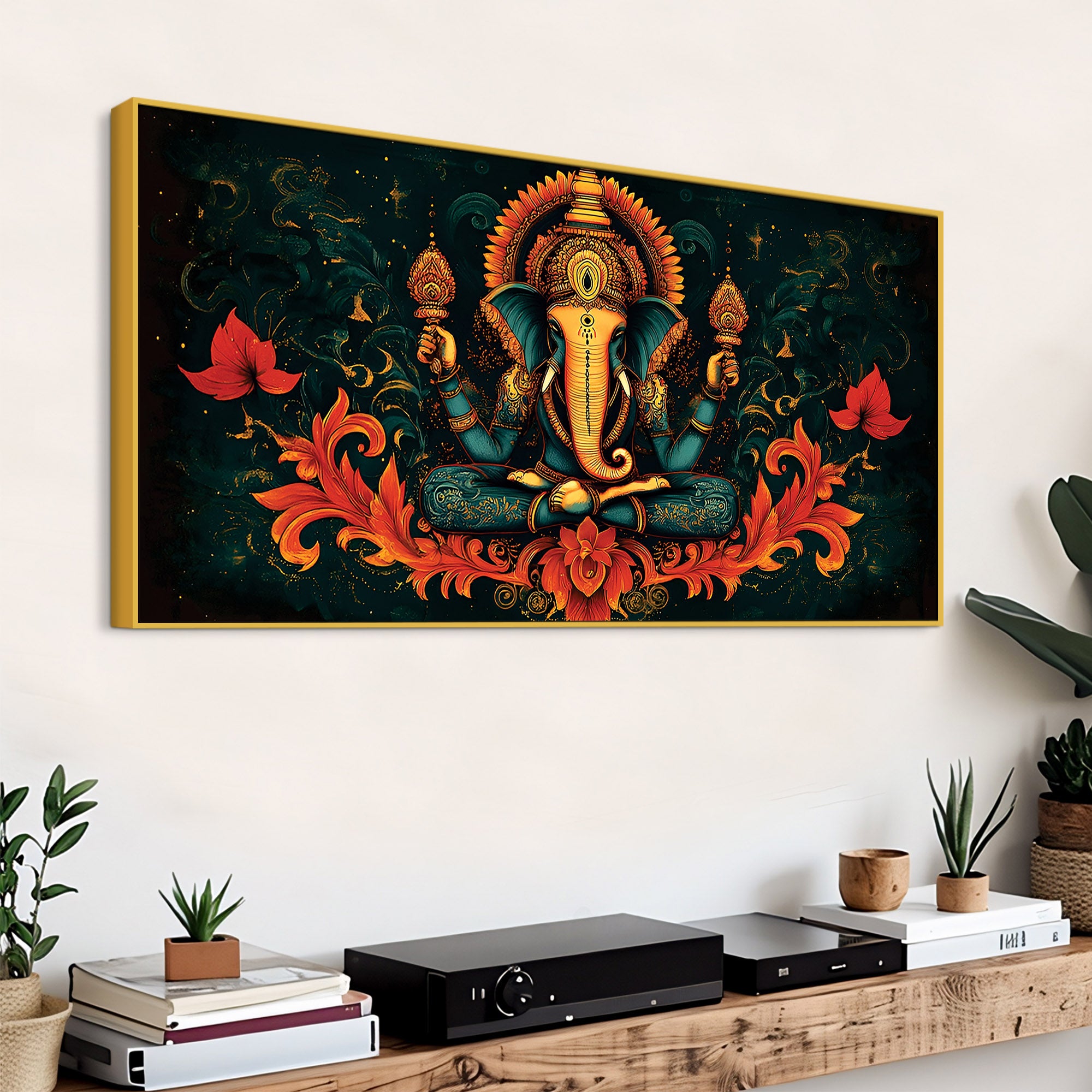 Premium Artistic Lord Ganesha Floral Exclusive Art Canvas Wall Painting for Home & Office Spaces – Modern Religious Wall Art