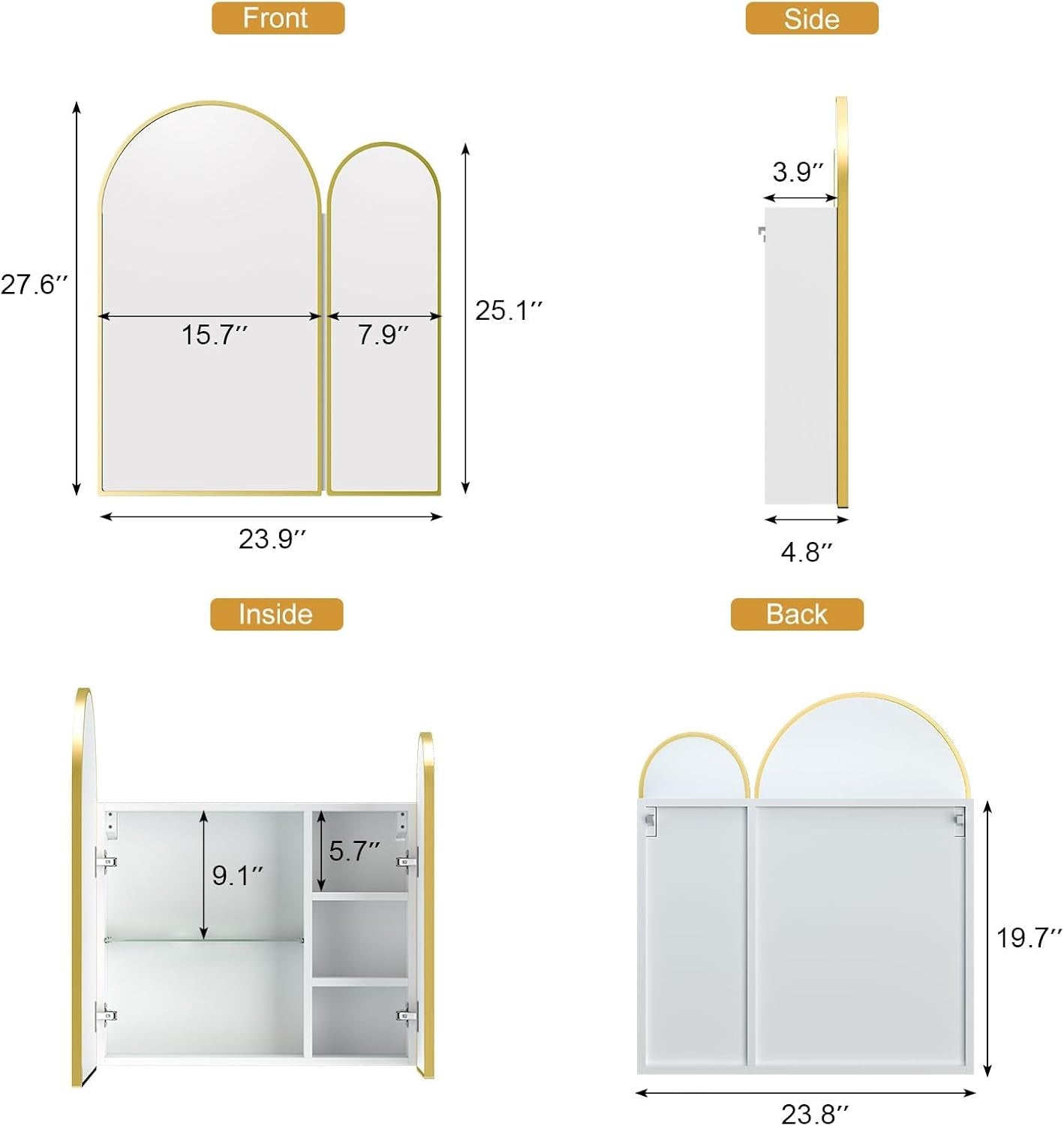 Premium Dual Arched Bathroom Storage Mirror with Golden Finish