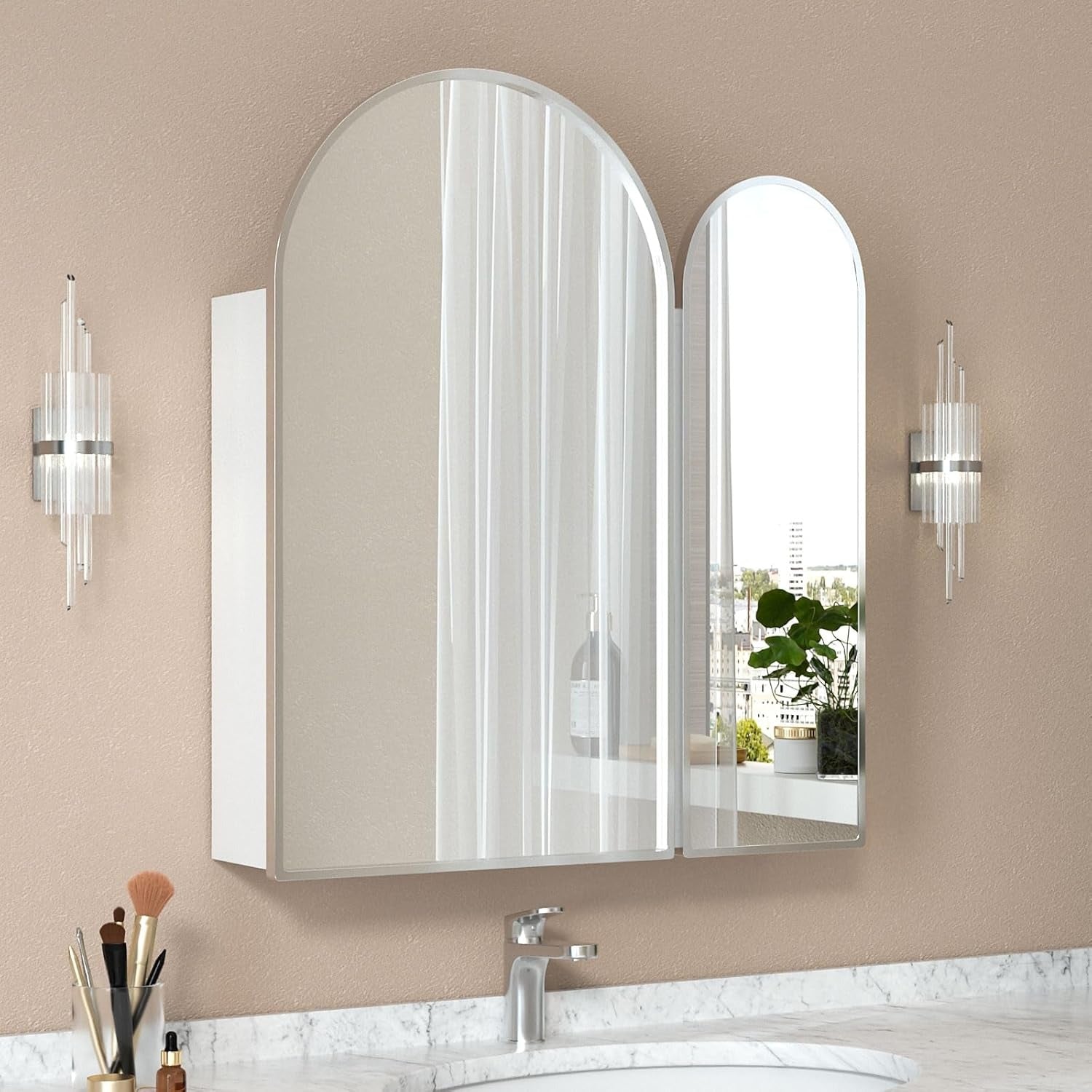 Premium Dual Arched Bathroom Storage Mirror with Grey Finish
