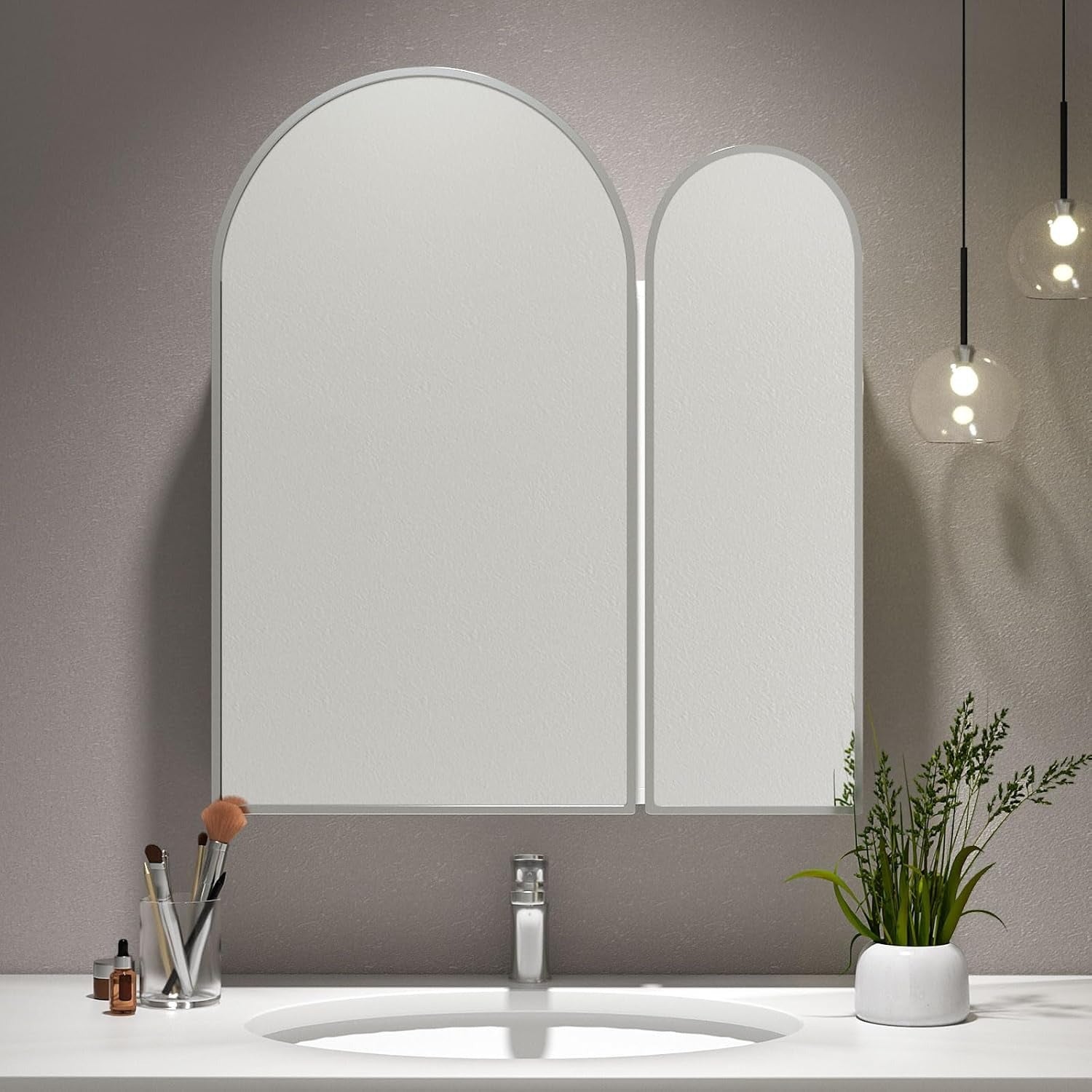 Premium Dual Arched Bathroom Storage Mirror with Grey Finish