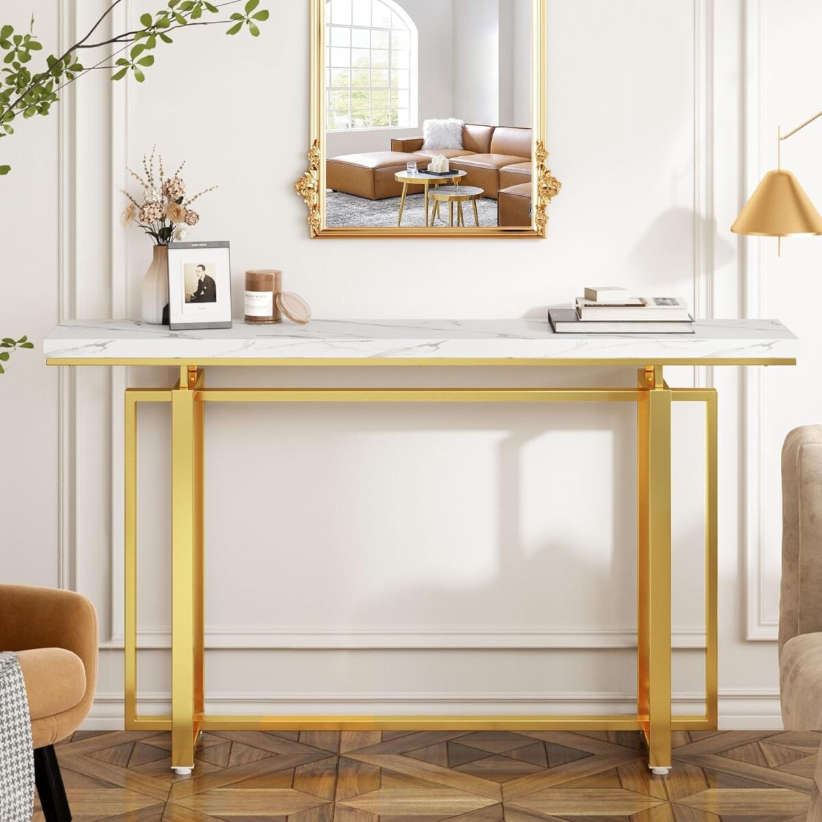 Premium Golden Finish Console Table with Faux Marble Surface