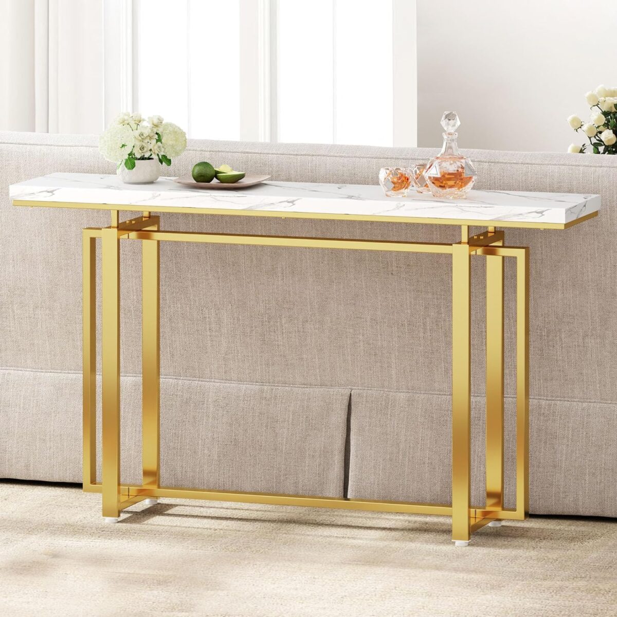 Premium Golden Finish Console Table with Faux Marble Surface