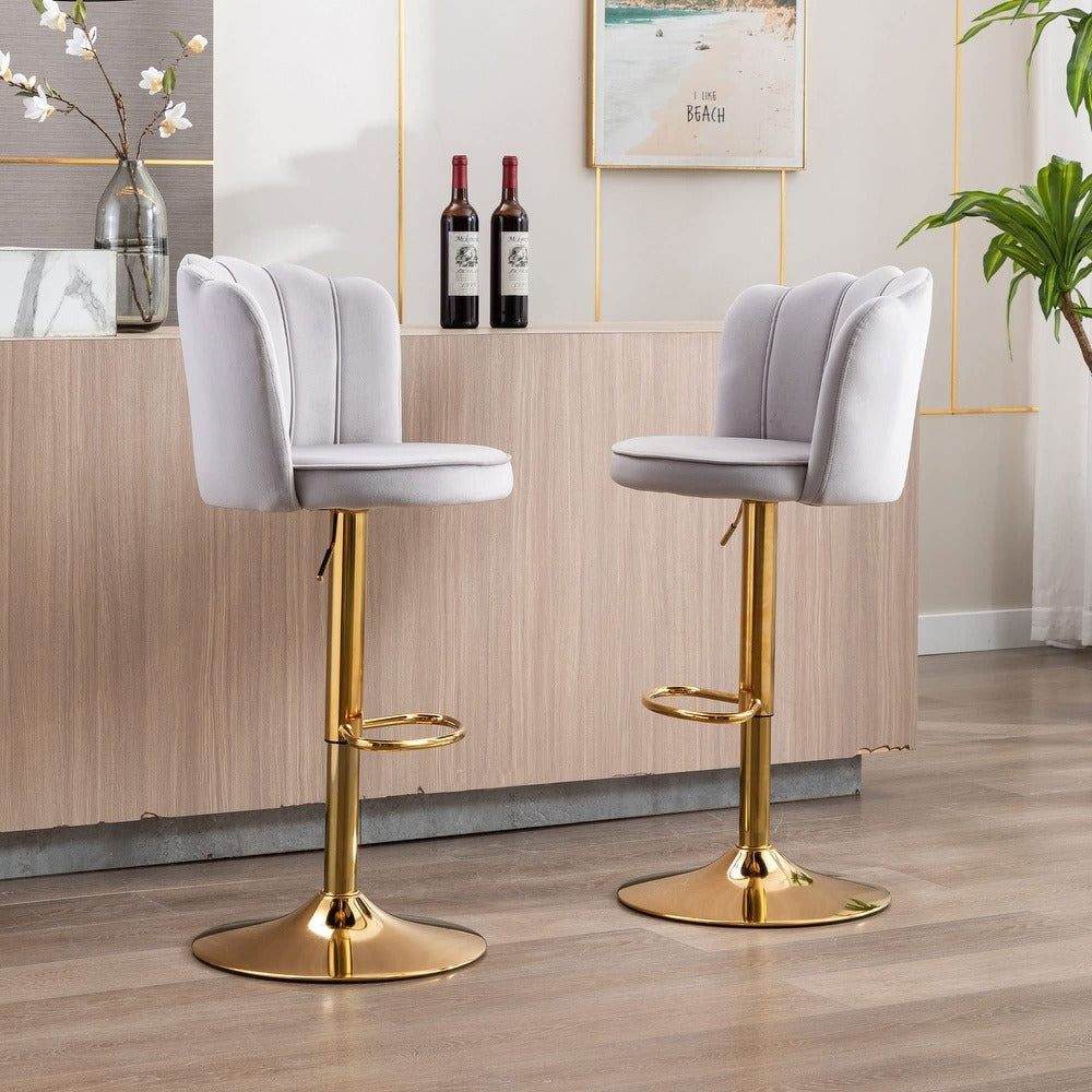 Premium Grey Velvet Lounge Bar Stools with Glamorous Golden Frame