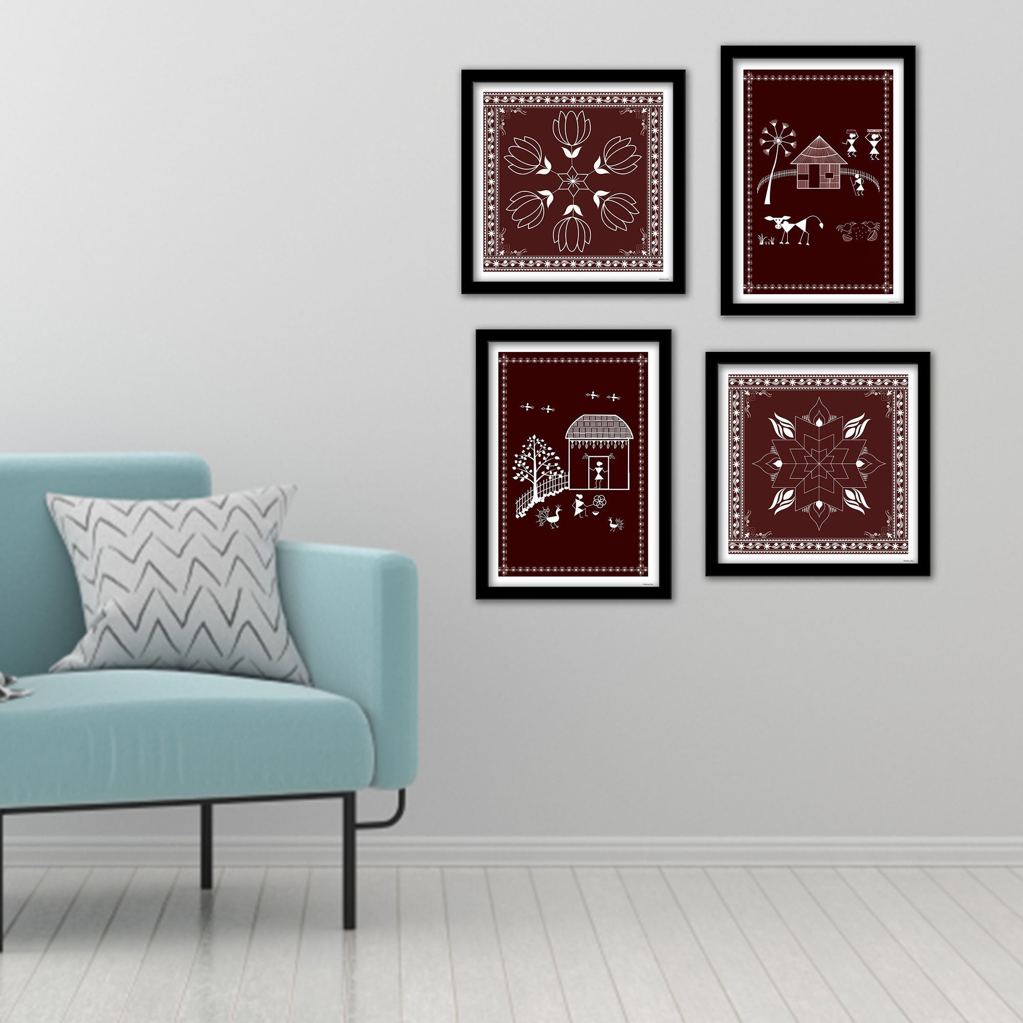 Premium Indian Warli Art Wall Frame Set of Four