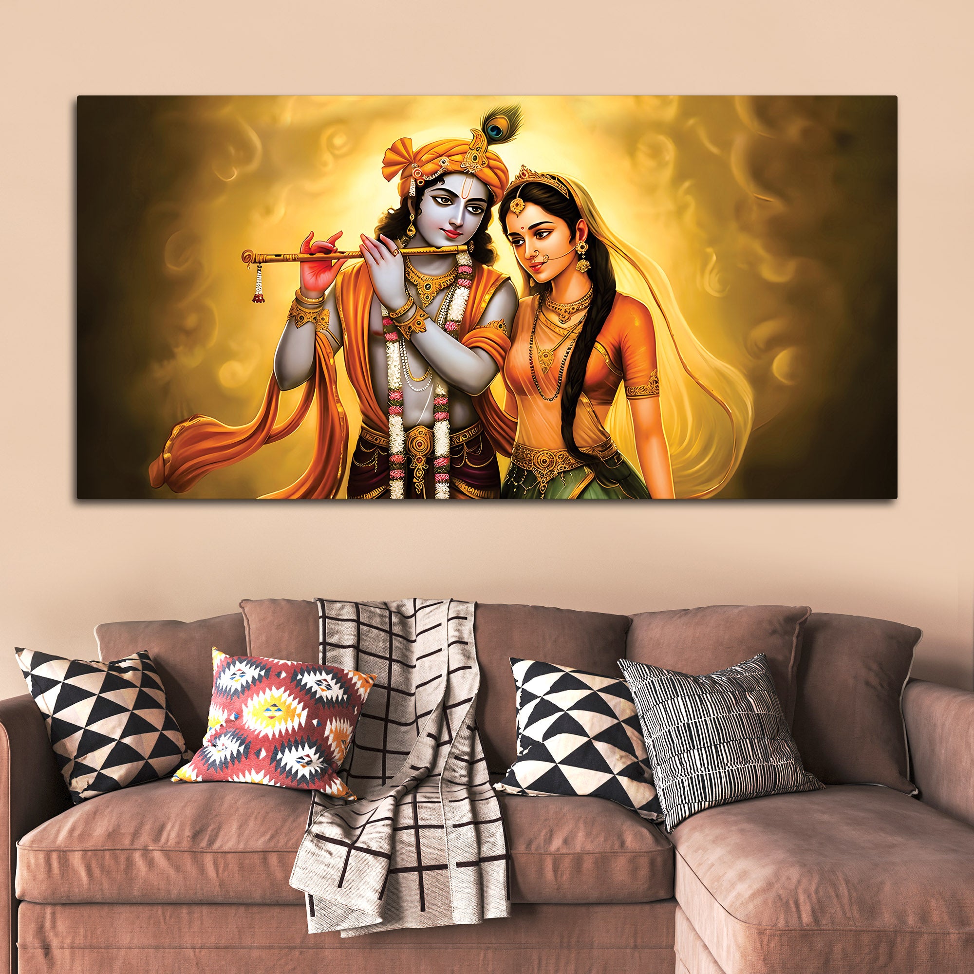 Premium Radha Krishna Devotional Painting with Golden Glow