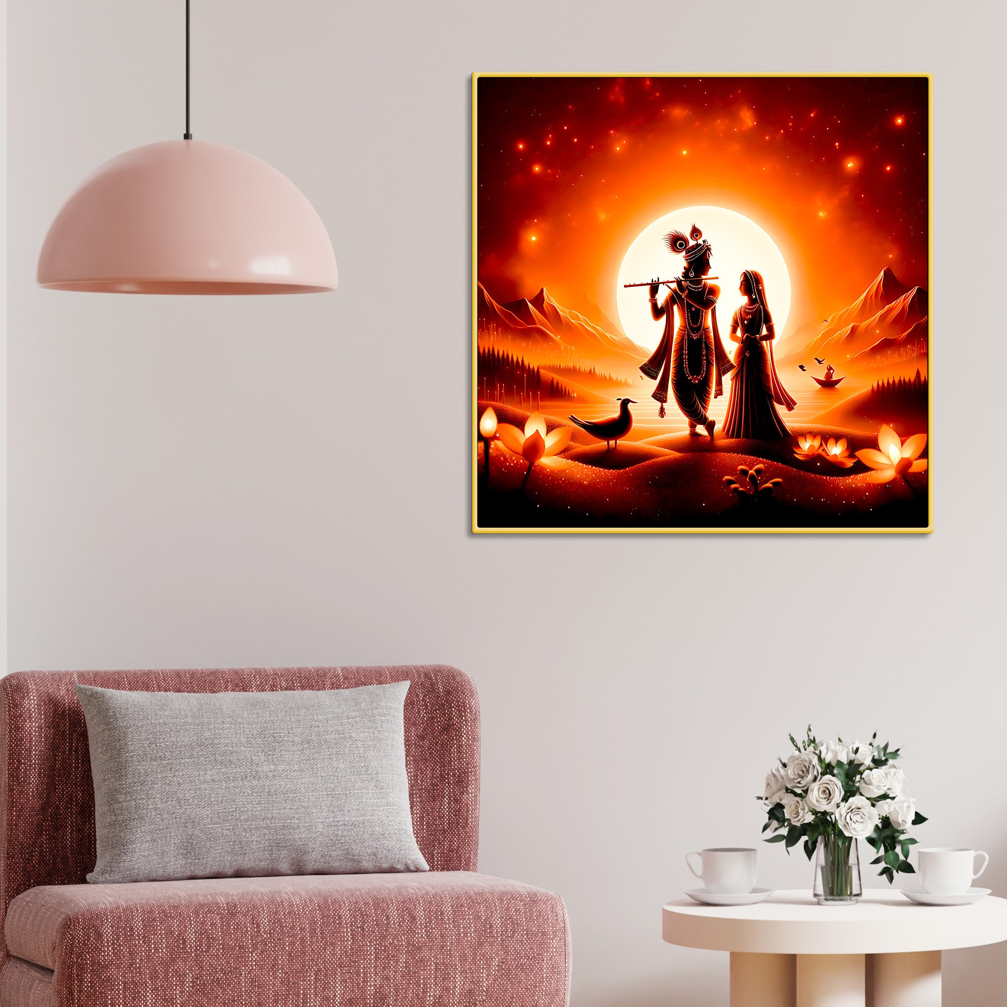 Premium Radha Krishna Sunset Landscape Canvas Wall Painting