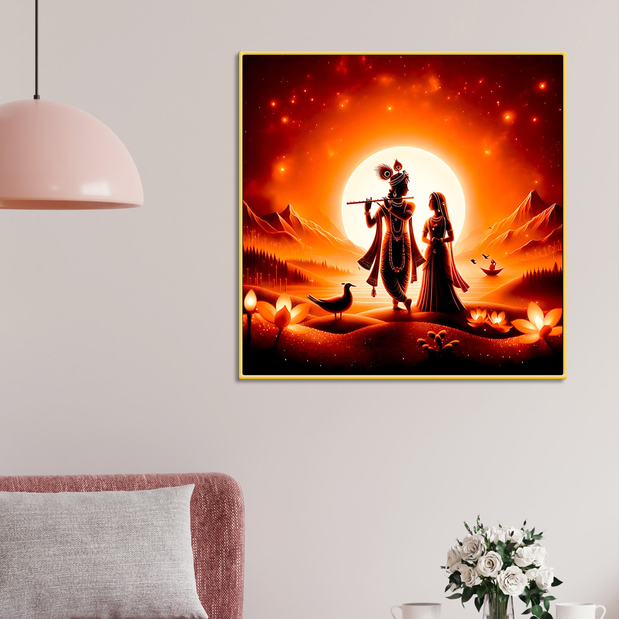 Premium Radha Krishna Sunset Landscape Canvas Wall Painting