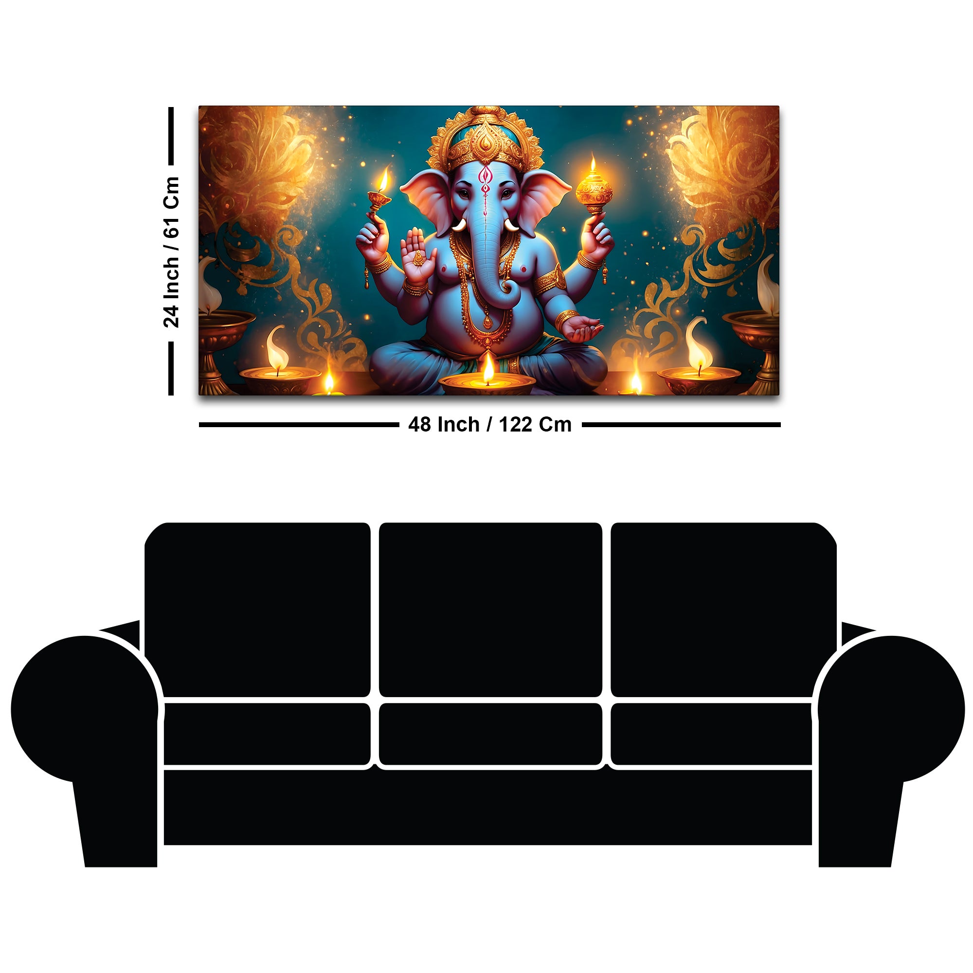 Premium Spiritual Lord Shri Ganesha Sitted with Diyas Devotional Canvas Wall Painting for Home & Offices – Luxury Spiritual Décor