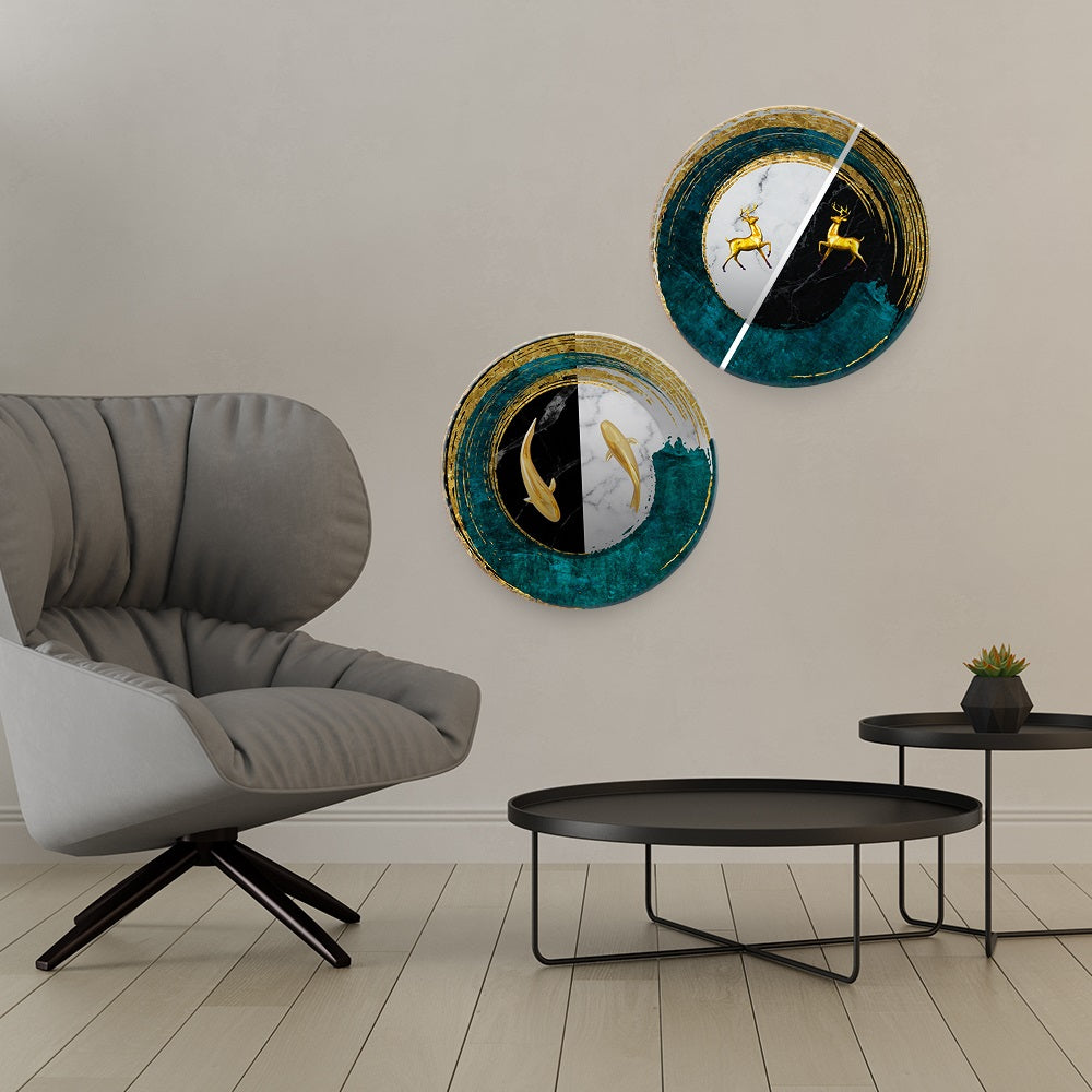 Premium Wall Hanging Plates of Golden Fish and Deers Set of Two