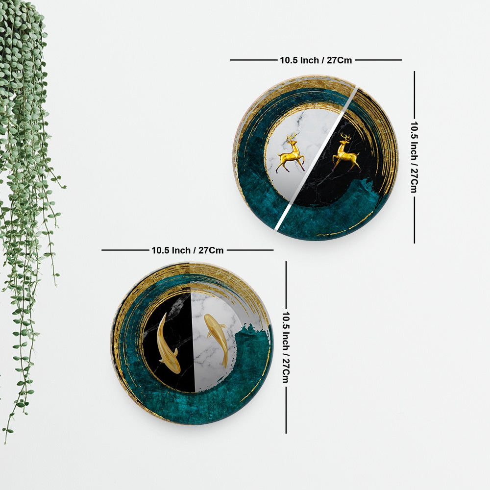 Premium Wall Hanging Plates of Golden Fish and Deers Set of Two