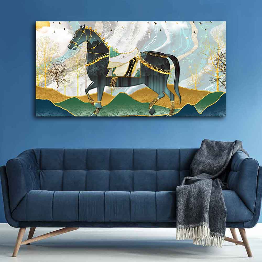 Premium Wall Painting of Horse and Golden trees with Colored Mountains
