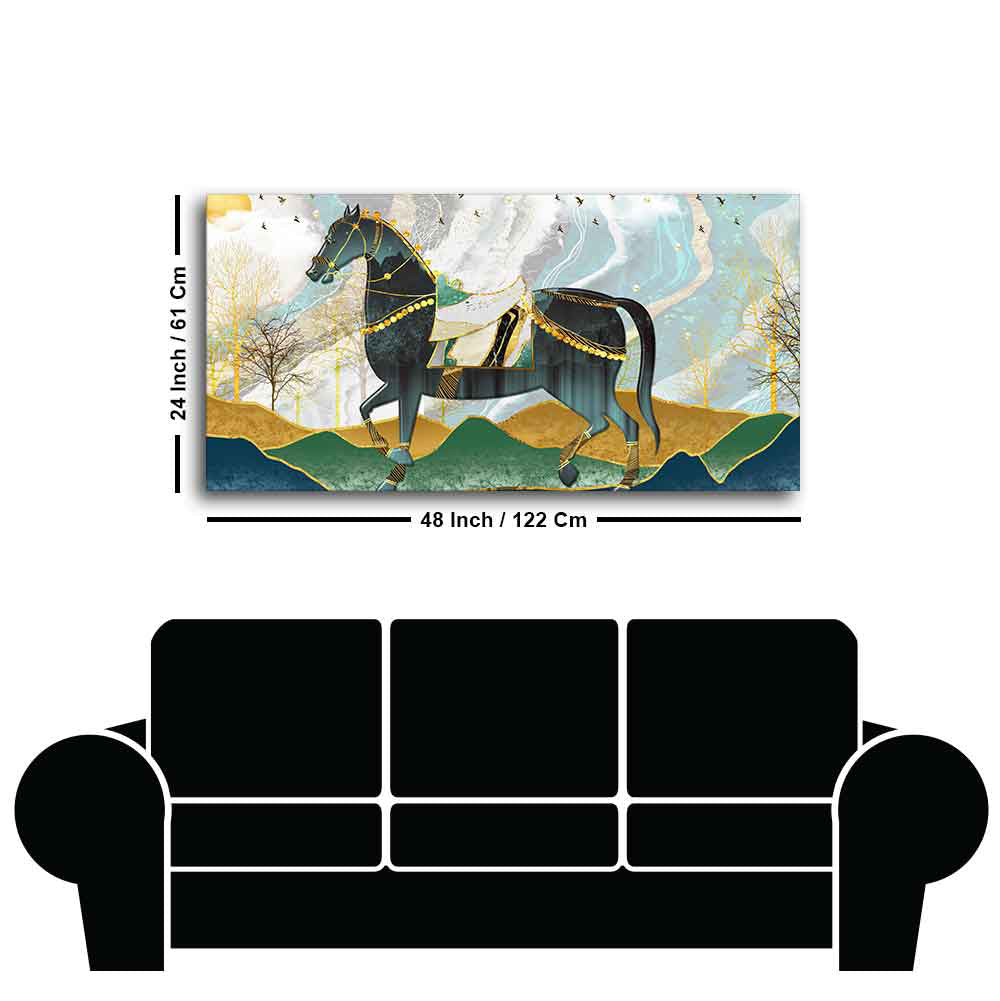 Premium Wall Painting of Horse and Golden trees with Colored Mountains