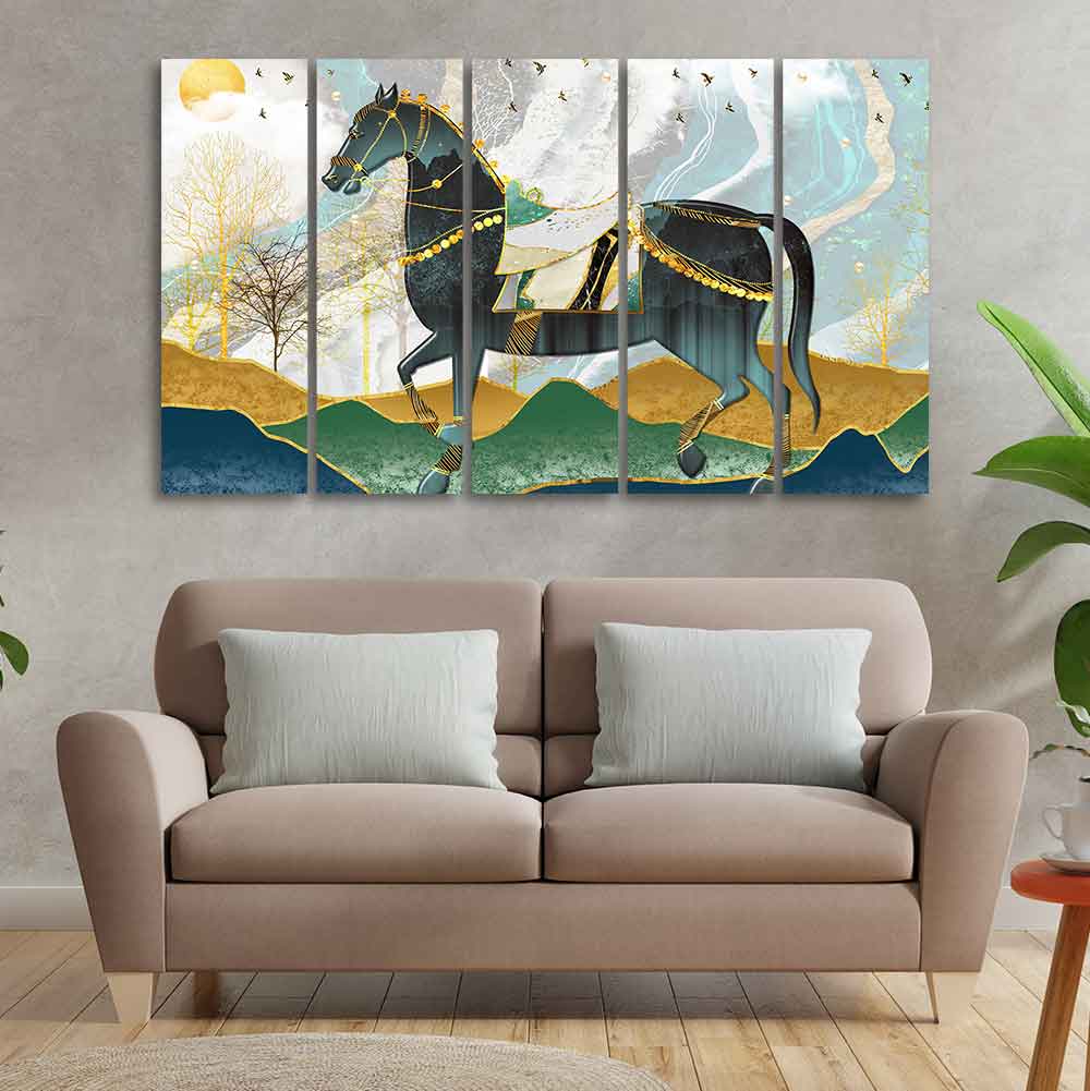 Premium Wall Painting of Horse and Golden trees with Colored Mountains of Five Pieces