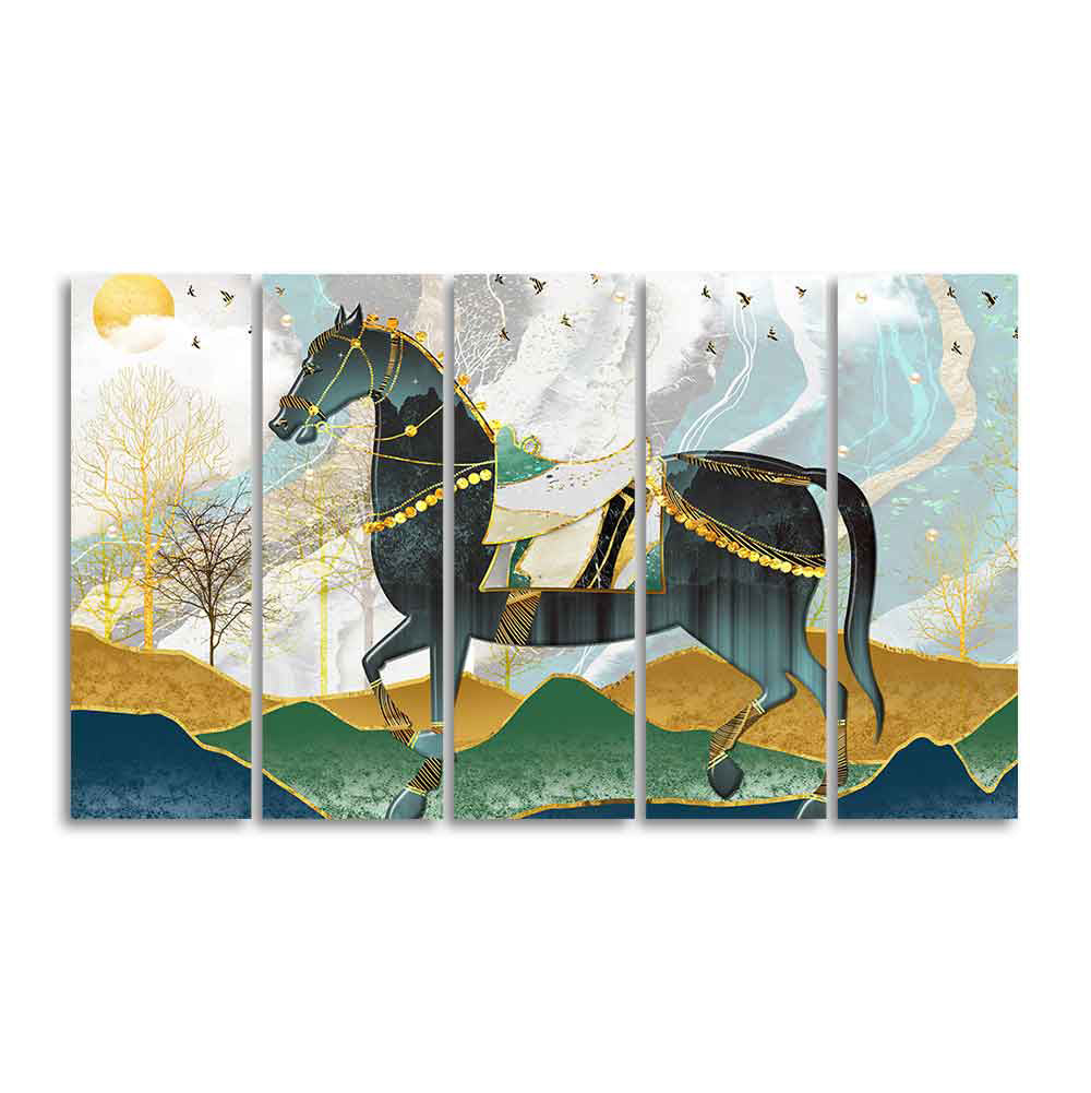 Premium Wall Painting of Horse and Golden trees with Colored Mountains of Five Pieces