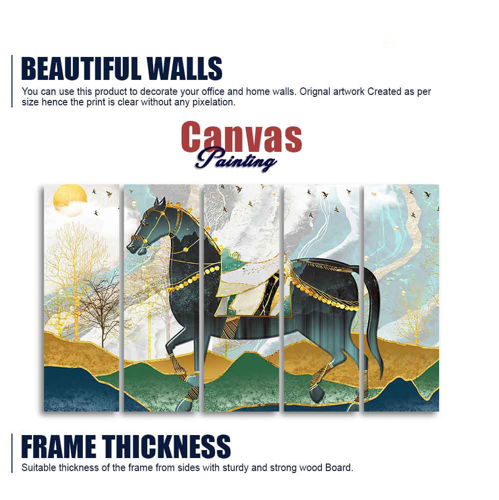 Premium Wall Painting of Horse and Golden trees with Colored Mountains of Five Pieces