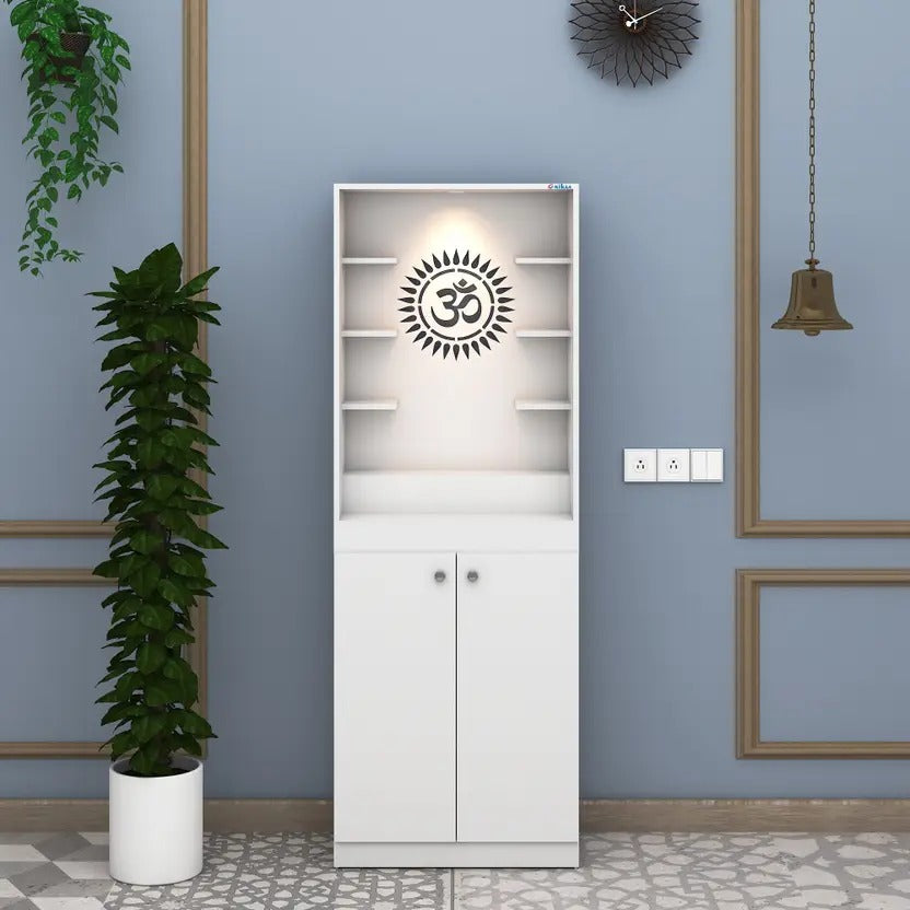 Premium White Finish Wooden Floor Temple with Spacious Storage Cabinet for Home & Office Spaces