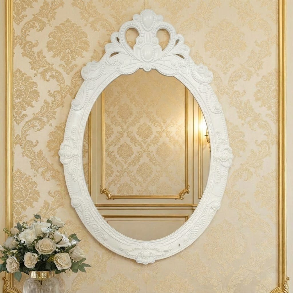 Premium White Oval Wall Mirror with Carved Detailing | Elegant Home Décor