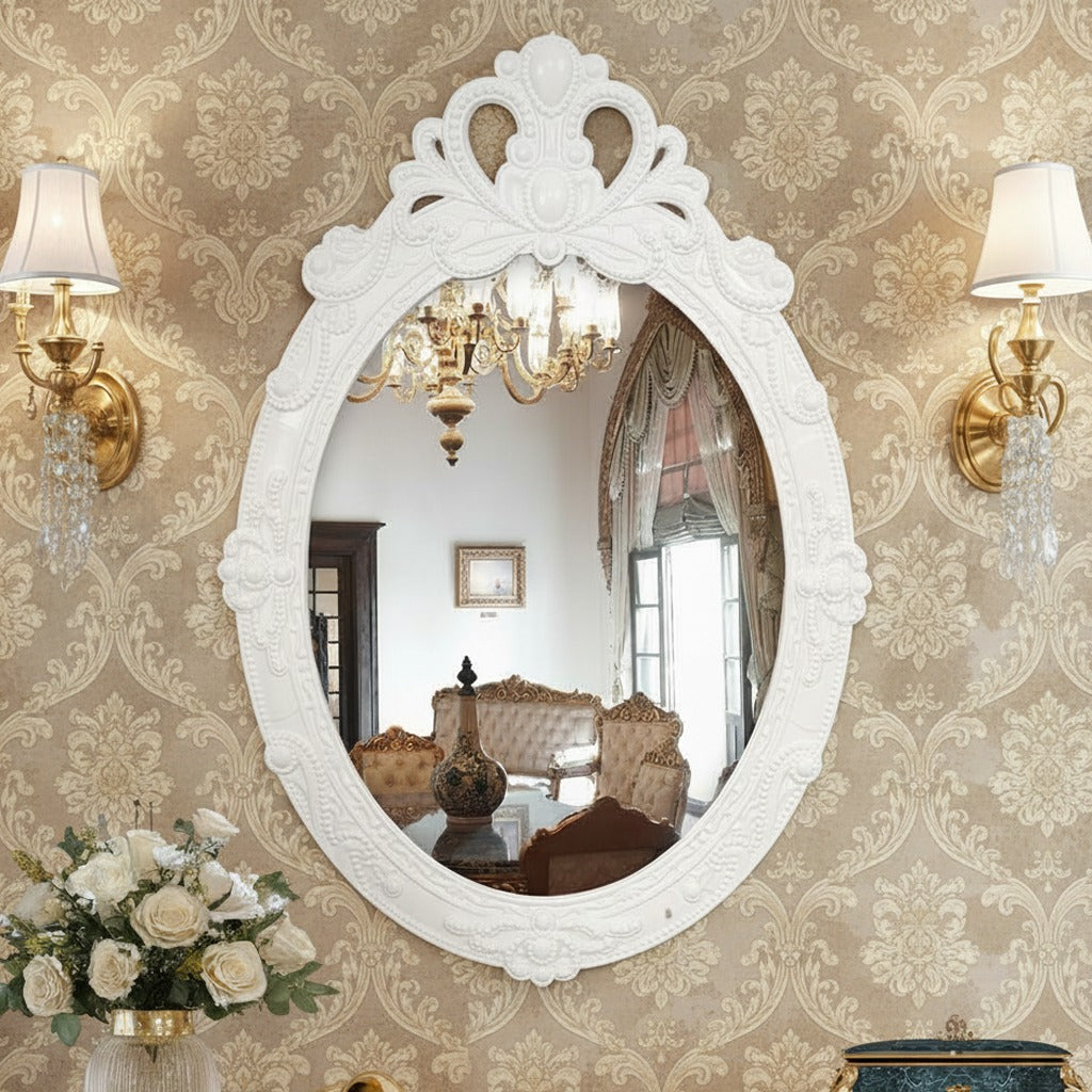 Premium White Oval Wall Mirror with Carved Detailing | Elegant Home Décor
