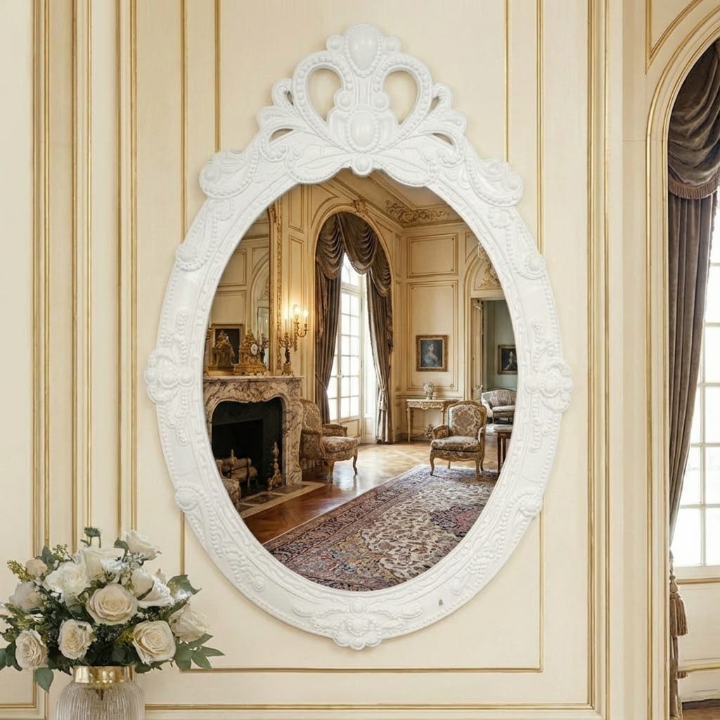 Premium White Oval Wall Mirror with Carved Detailing | Elegant Home Décor